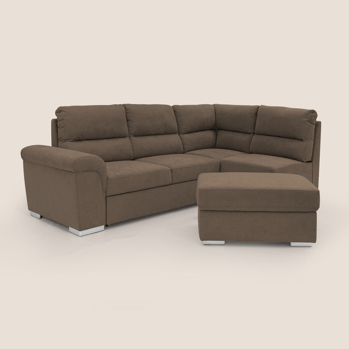 Minerva divano angolare con estraibile a cassettone e pouf contenitore in tessuto morbido impermeabile T02 marrone - divitt.sbs