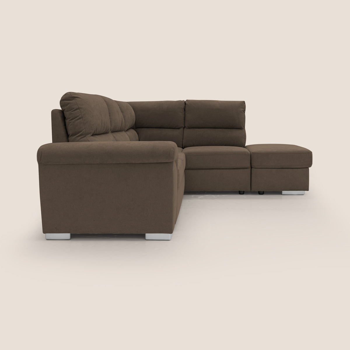 Minerva divano angolare con estraibile a cassettone e pouf contenitore in tessuto morbido impermeabile T02 marrone - divitt.sbs