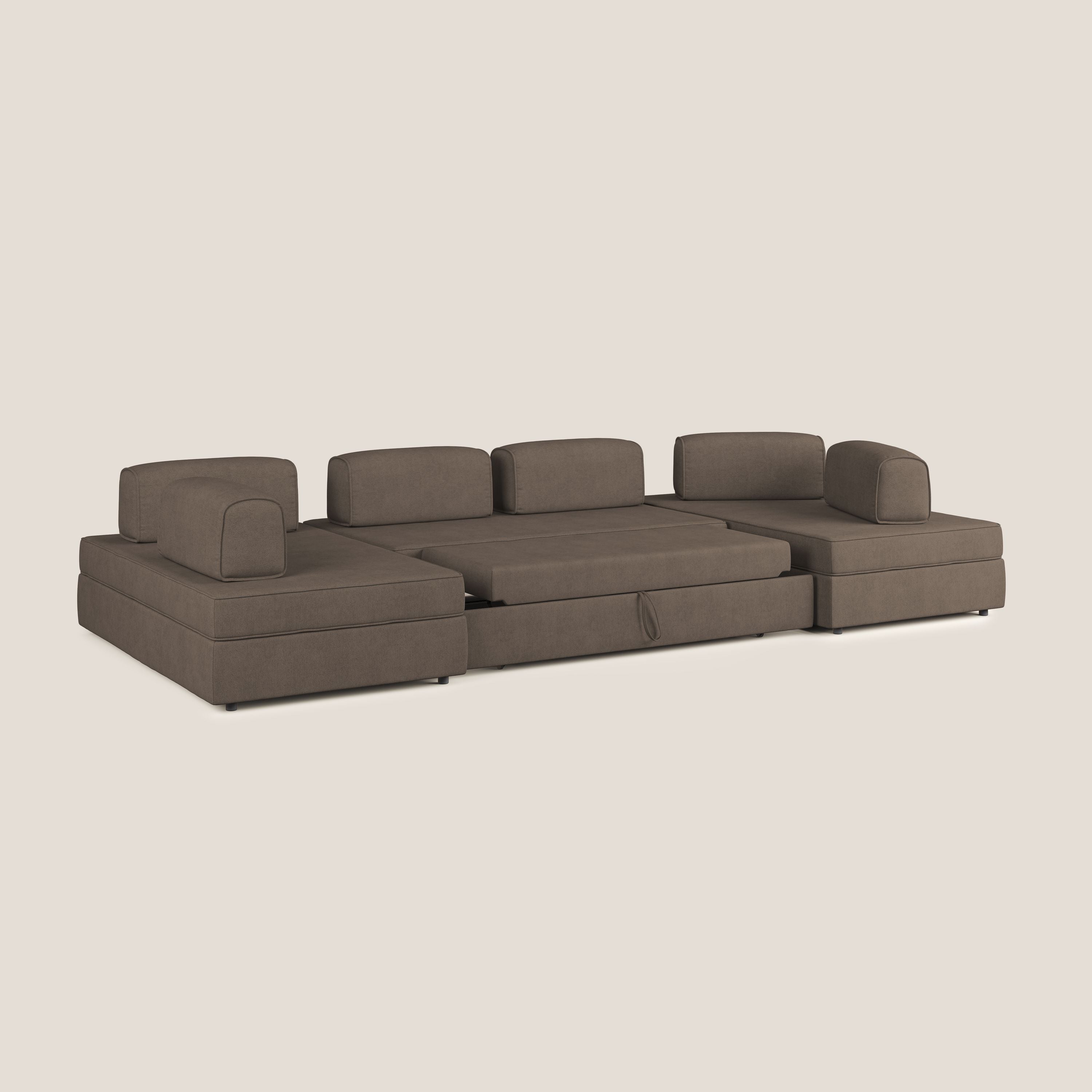 Liberty divano panoramico con pouf estraibile e schienali movibili in tessuto morbido impermeabile T02 marrone - divitt.sbs