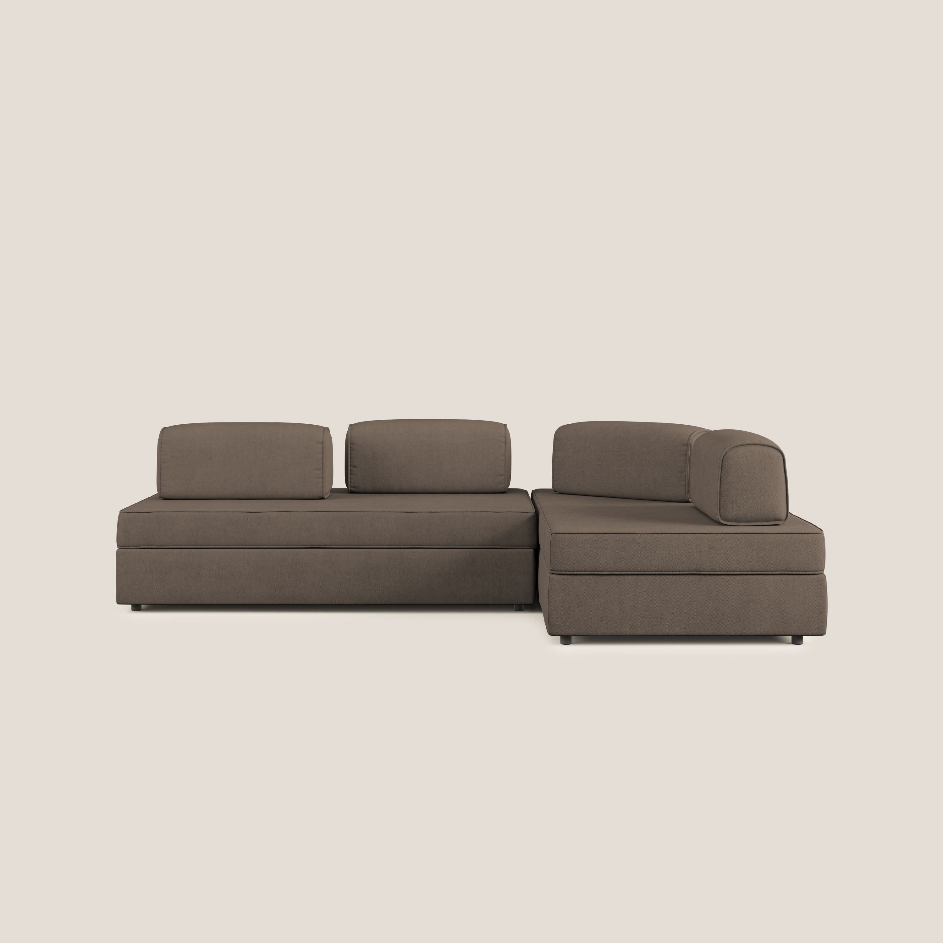 Liberty divano angolare con pouf estraibile e schienali movibili in tessuto morbido impermeabile T02 marrone - divitt.sbs