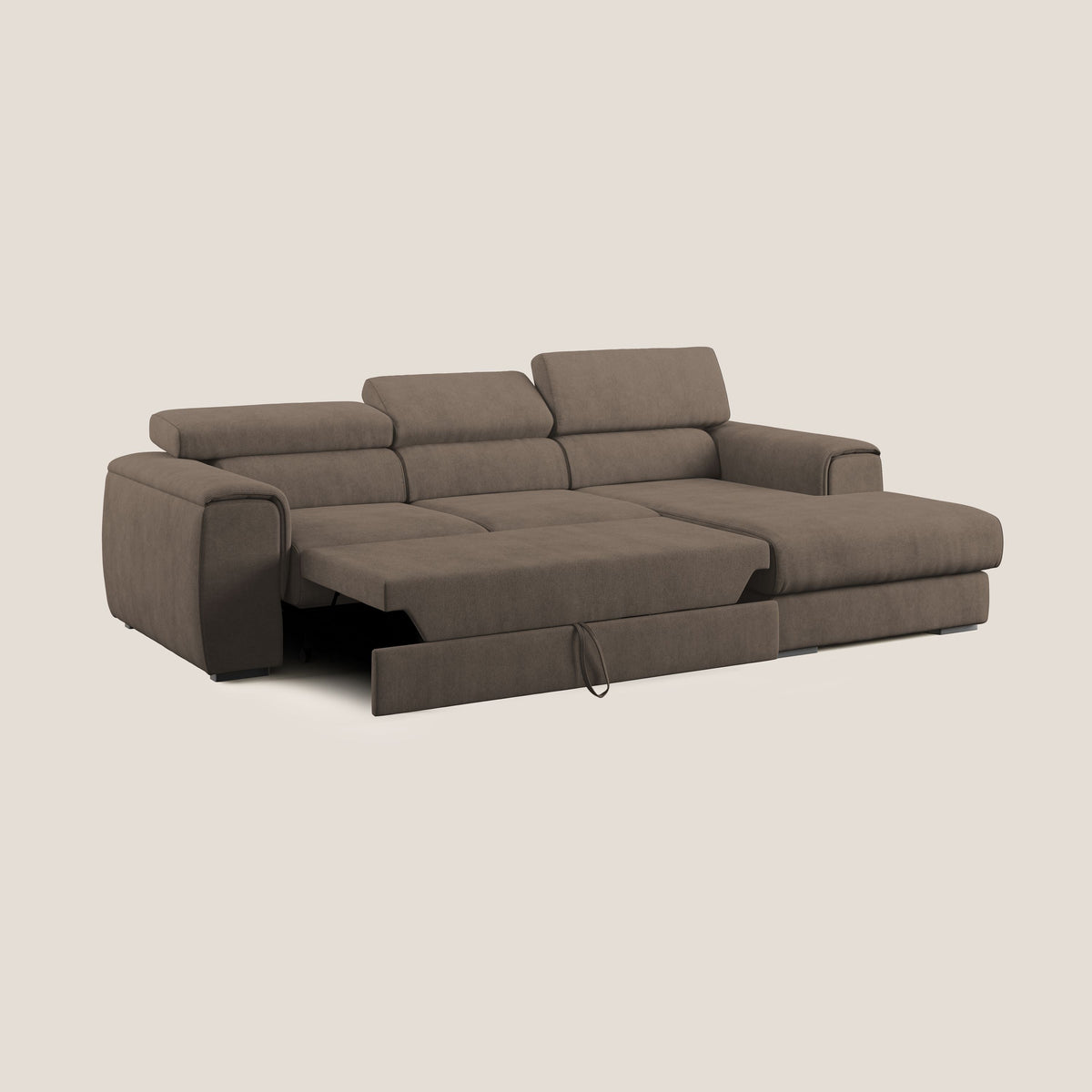 Zeno Divano angolare con pouf estraibile poggiapiedi in tessuto morbido impermeabile T02 marrone - divitt.sbs