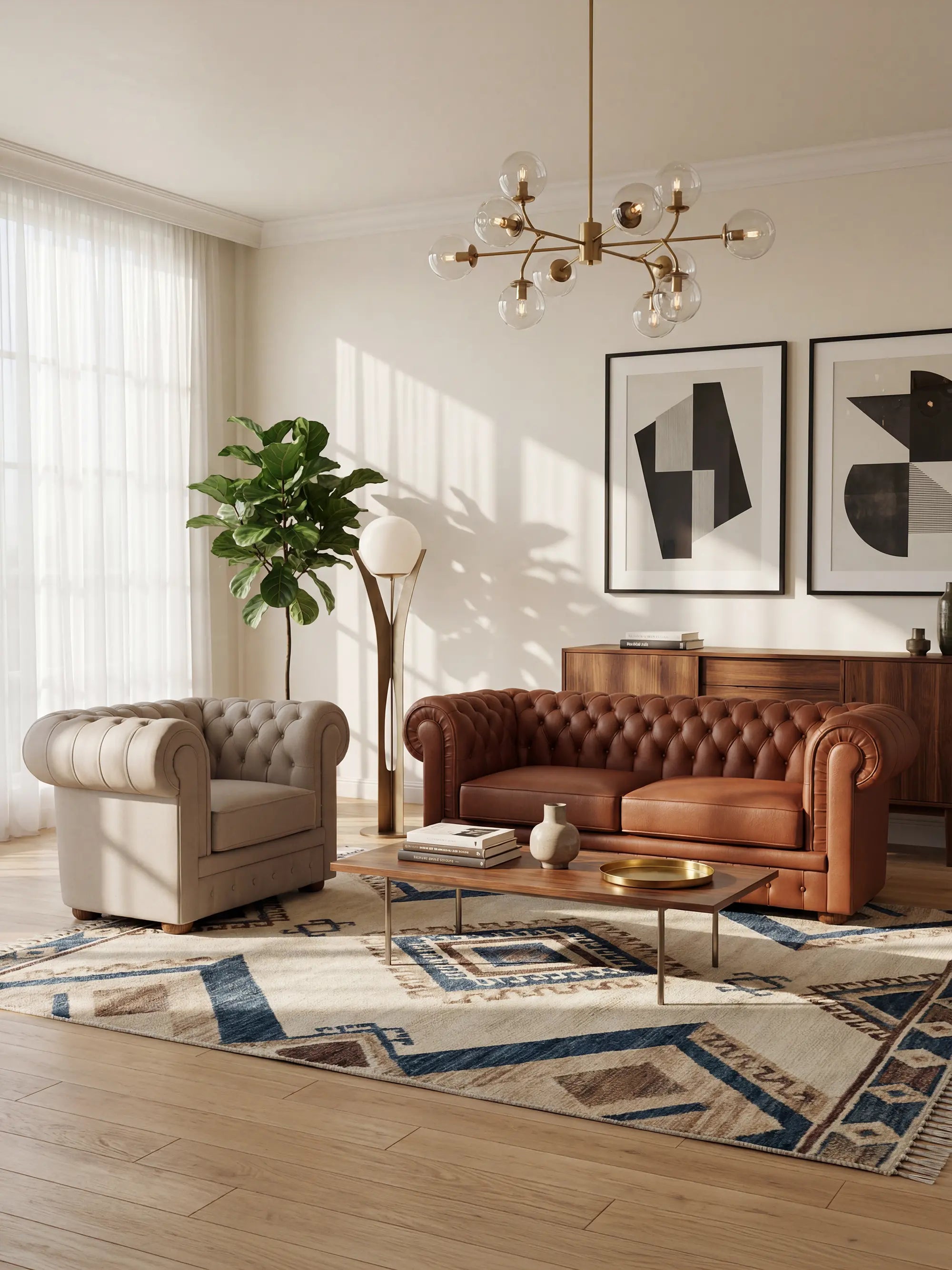 Soggiorno moderno e luminoso arredato con il divano Chester – Divano Chesterfield in vera pelle spessorata a 2 e 3 posti di divitt.sbs, abbinato a una poltrona beige, un tappeto geometrico, un’opera d’arte astratta, un mobile in stile mid-century, una pianta in vaso, un tavolino rotondo e un lampadario dorato. La luce filtra attraverso le tende trasparenti e si riflette sul pavimento in legno, creando un’atmosfera accogliente ed elegante che esalta il fascino di questo divano artigianale Made in Italy.