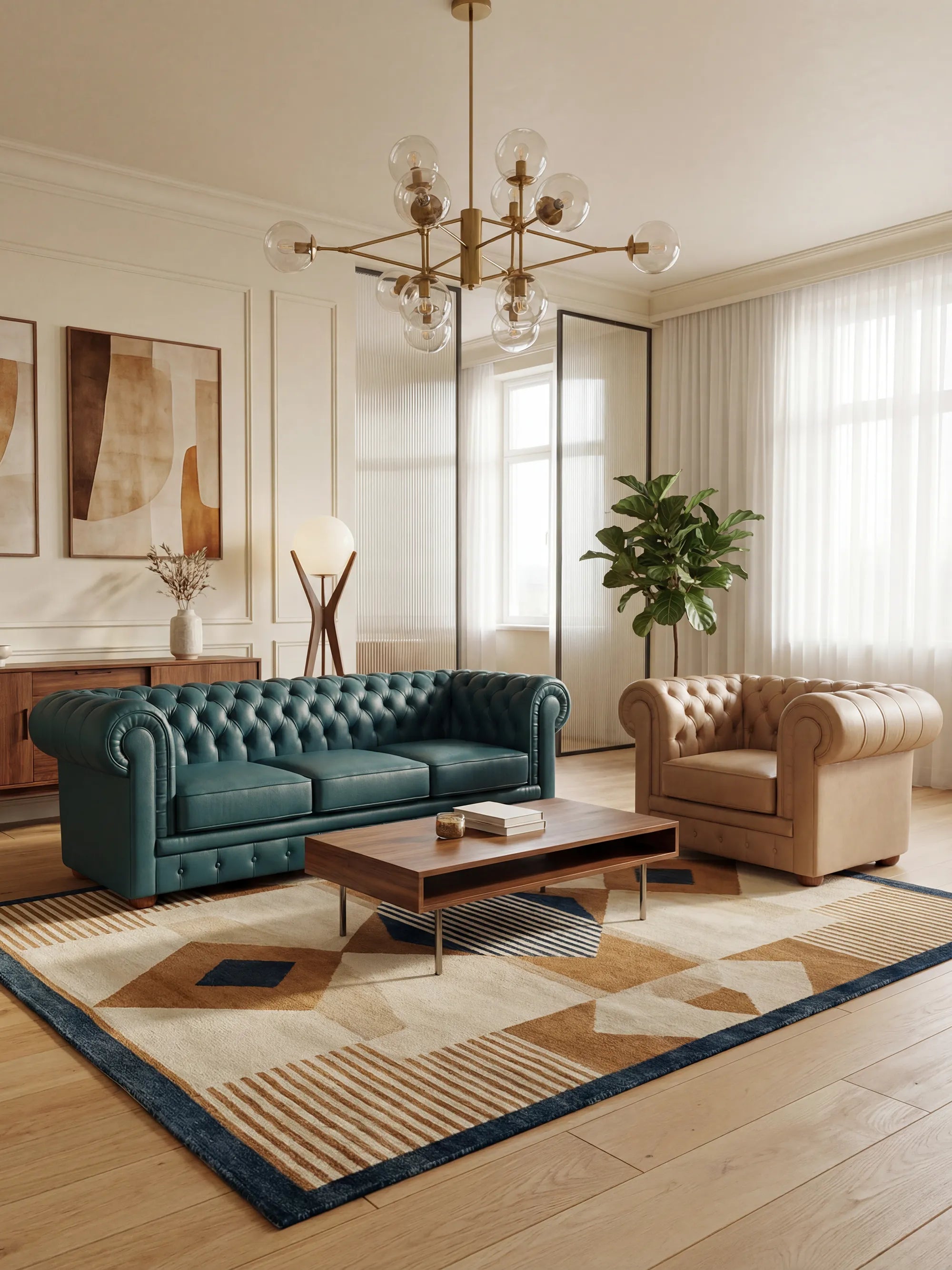 Un soggiorno moderno è arredato con il divano Chester 4 Posti 3 sedute in Vera Pelle – Chesterfield Capitonné Artigianale di divitt.sbs, rivestito in vera pelle color verde acqua. Il tutto è completato da una poltrona beige, un tappeto geometrico, un tavolino in legno, una grande pianta, un quadro astratto, una lampada da terra e un lampadario in ottone. La luce del sole filtra attraverso le tende bianche trasparenti che drappeggiano le alte finestre, mettendo in risalto la raffinata eleganza