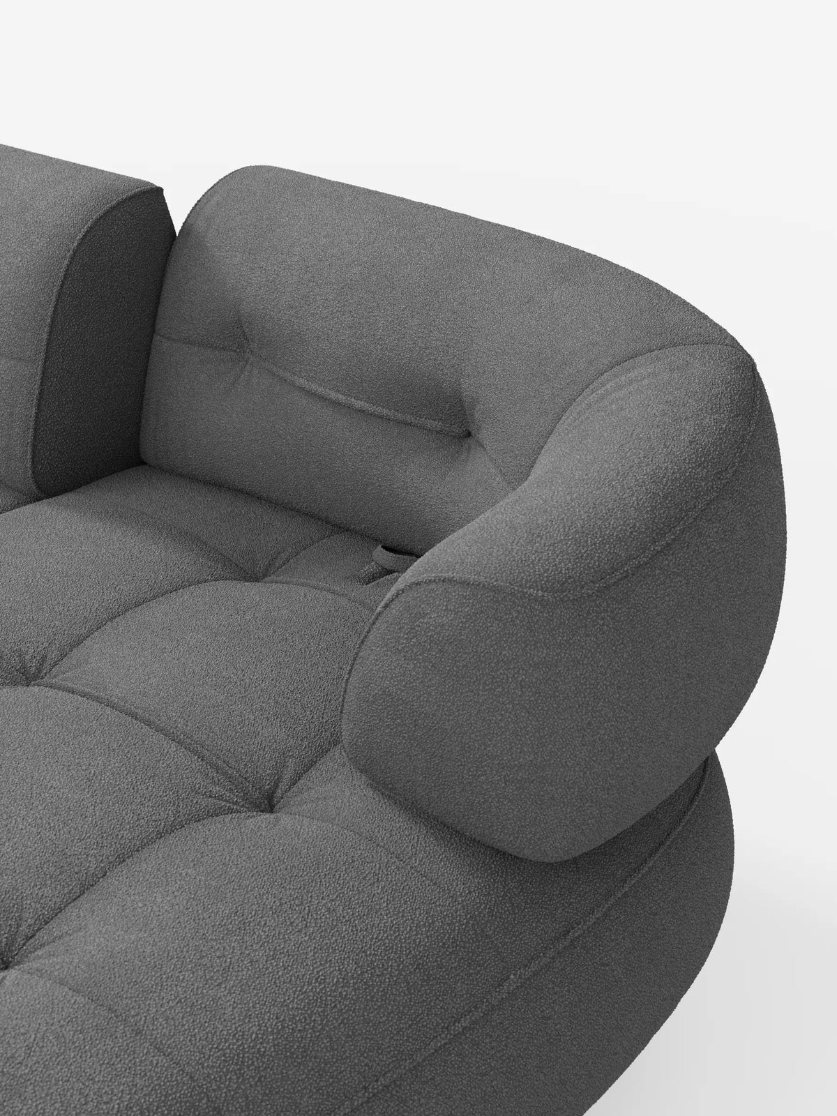 Un divano angolare Croissant grigio scuro dal design a fagiolo e schienali traslanti in morbido tessuto effetto cotone smacchiabile T33, caratterizzato da una forma ricurva a fagiolo, seduta trapuntata e schienali arrotondati su uno sfondo bianco.