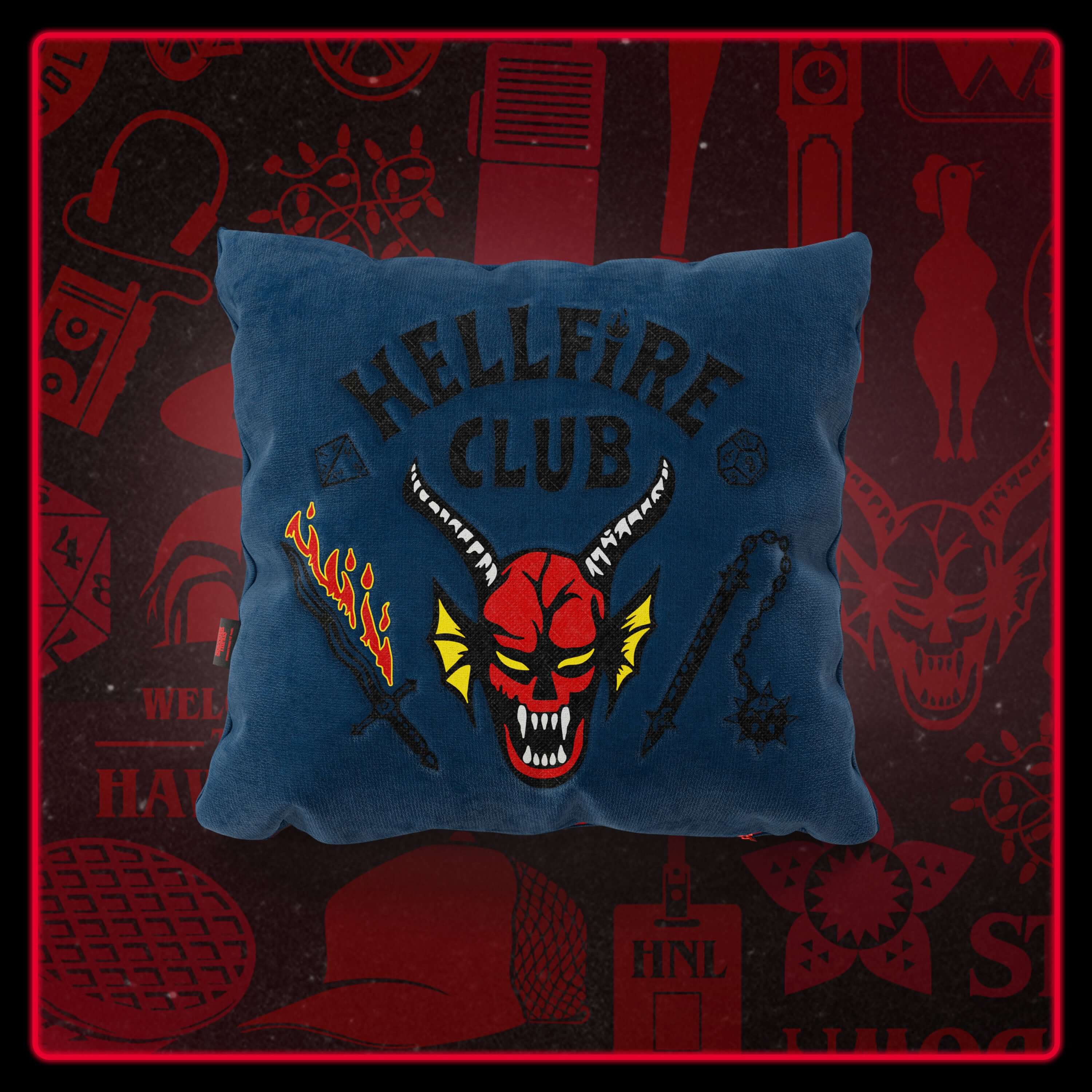 Cuscino Hellfire club stranger things Limited Edition con Ricamo – tessuto smacchiabile 45x45 blu - divitt.sbs