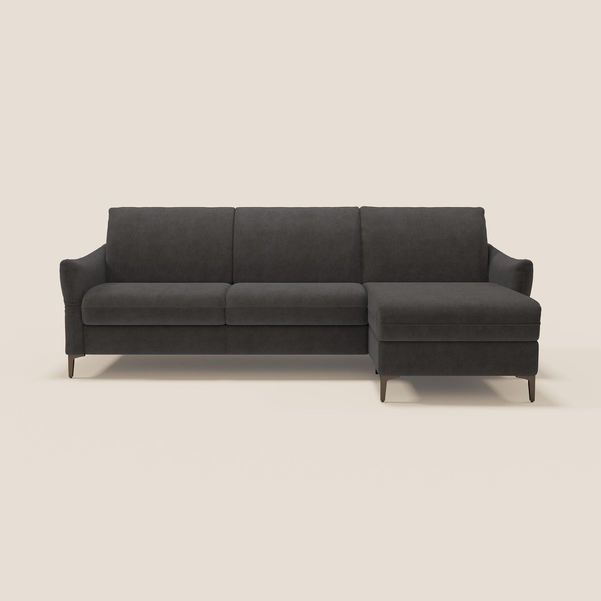 Dalia divano letto angolare con materasso alto 18 cm piedini alti e penisola contenitore in tessuto smacchiabile T17 antracite - divitt.sbs