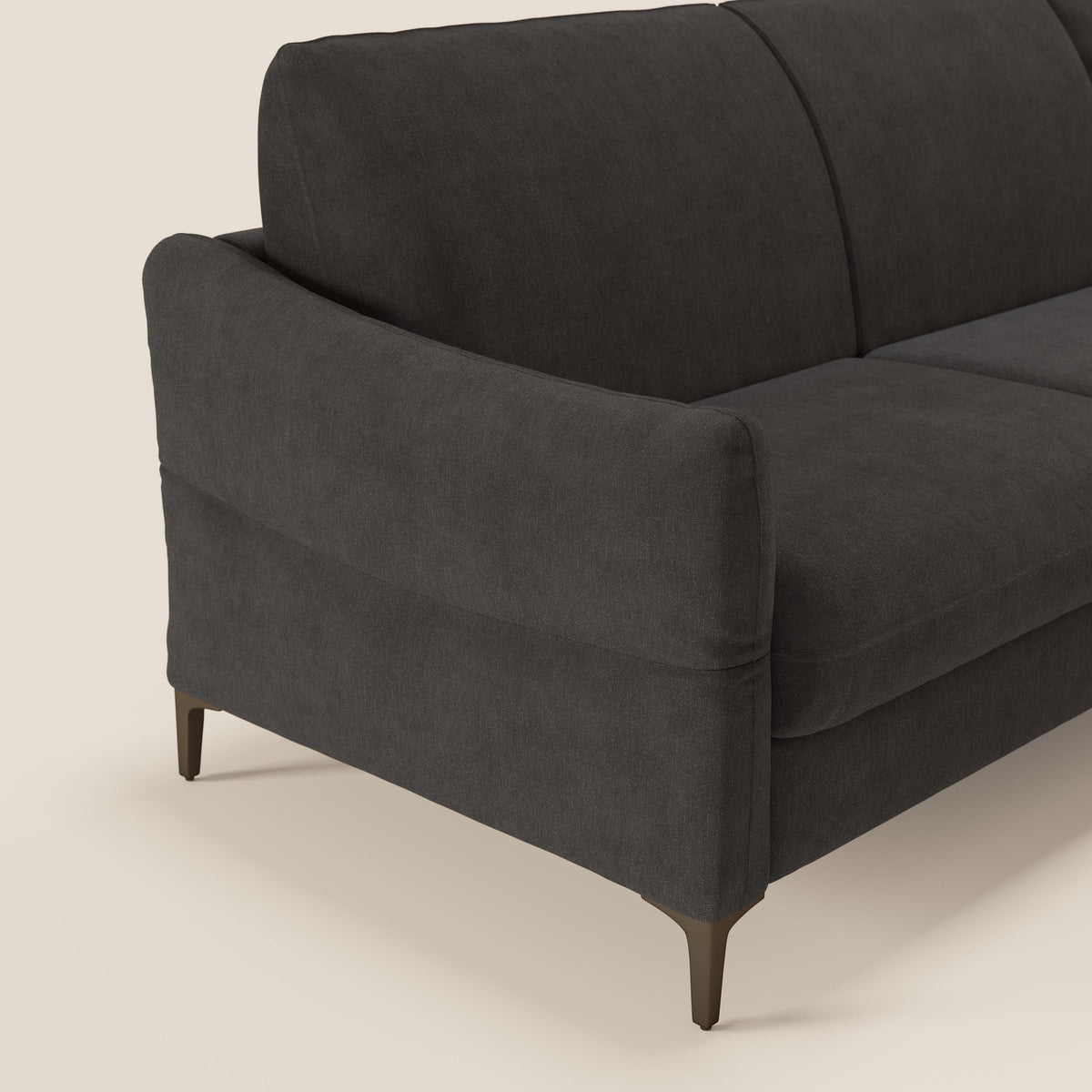 Dalia divano letto angolare con materasso alto 18 cm piedini alti e penisola contenitore in tessuto smacchiabile T17 antracite - divitt.sbs
