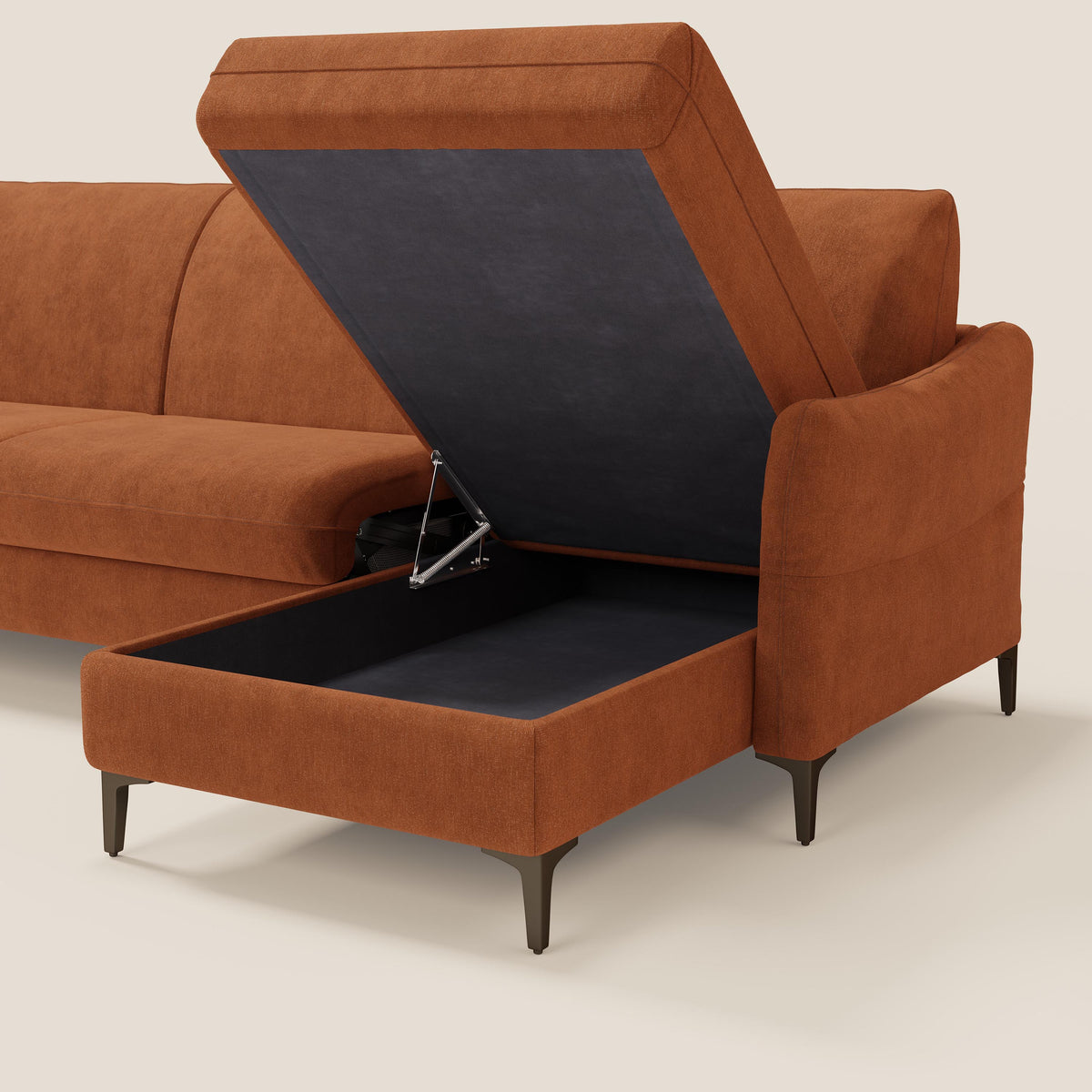 Dalia divano letto angolare con materasso alto 18 cm piedini alti e penisola contenitore in tessuto smacchiabile T17 - divitt.sbs