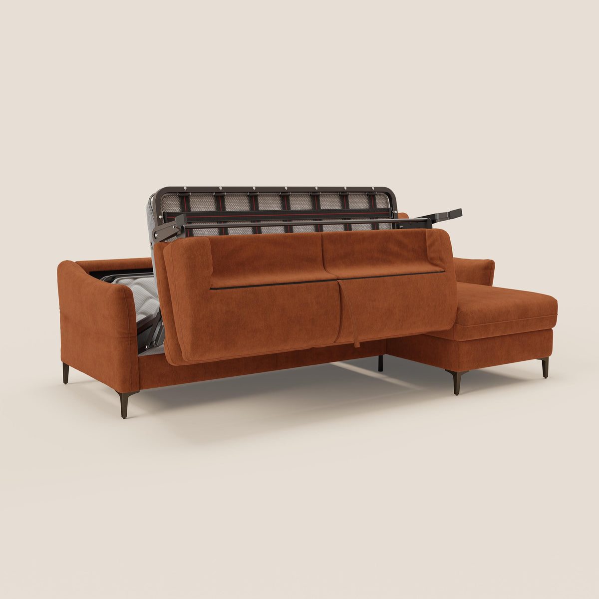 Dalia divano letto angolare con materasso alto 18 cm piedini alti e penisola contenitore in tessuto smacchiabile T17 - divitt.sbs