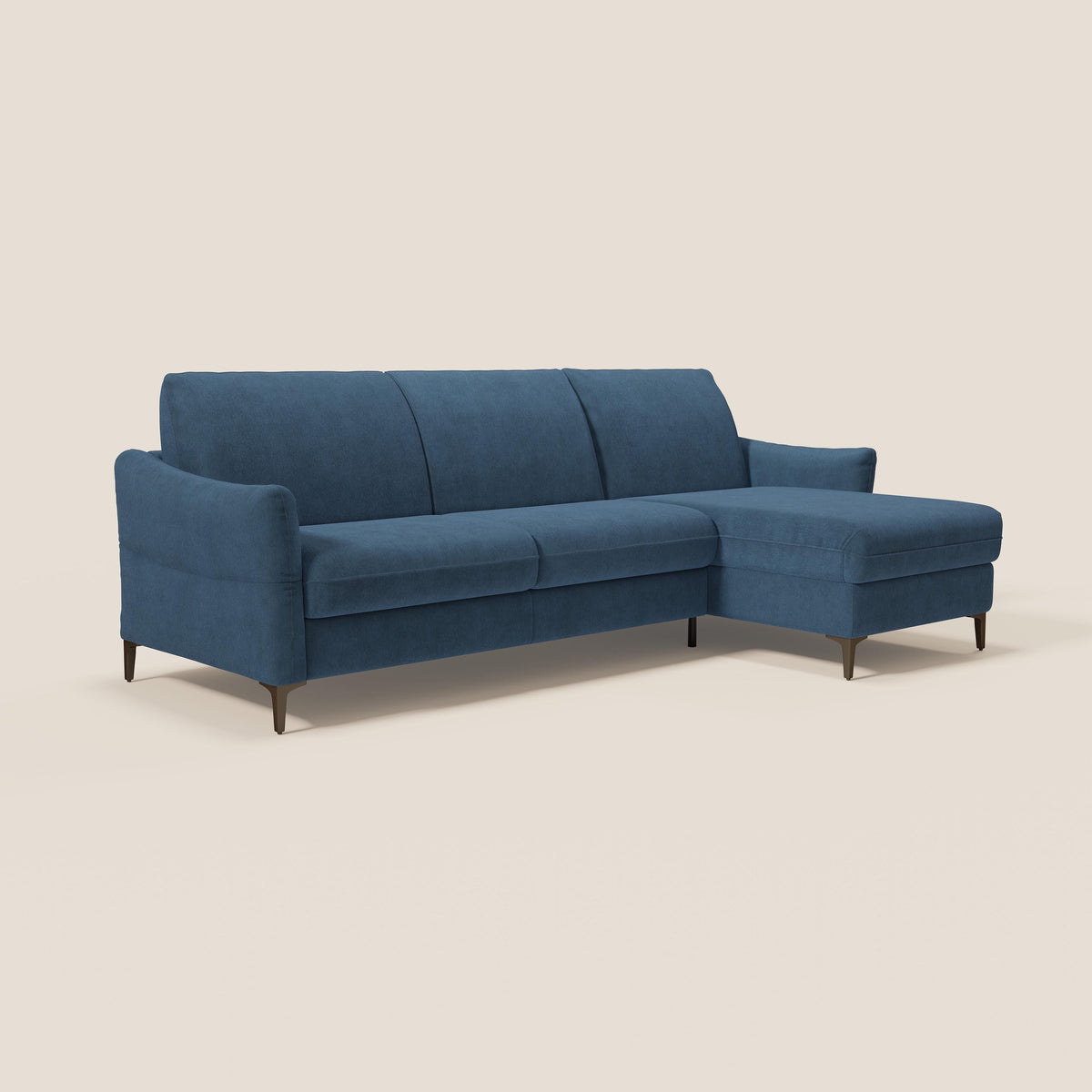 Dalia divano letto angolare con materasso alto 18 cm piedini alti e penisola contenitore in tessuto smacchiabile T17 - divitt.sbs