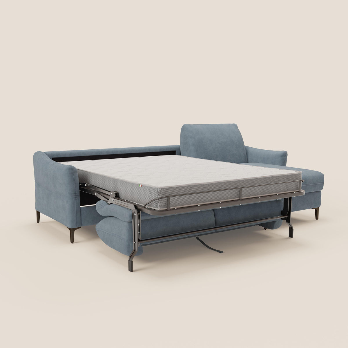 Dalia divano letto angolare con materasso alto 18 cm piedini alti e penisola contenitore in tessuto smacchiabile T17 - divitt.sbs