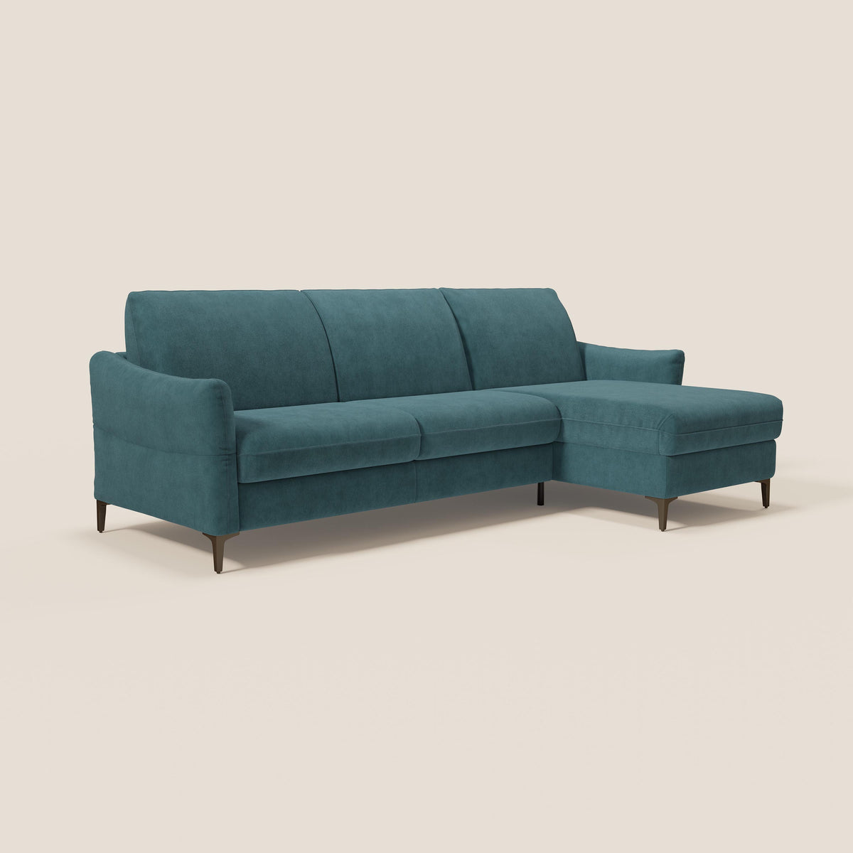 Dalia divano letto angolare con materasso alto 18 cm piedini alti e penisola contenitore in tessuto smacchiabile T17 - divitt.sbs
