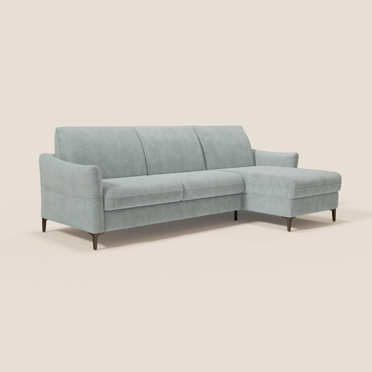 Dalia divano letto angolare con materasso alto 18 cm piedini alti e penisola contenitore in tessuto smacchiabile T17 - divitt.sbs