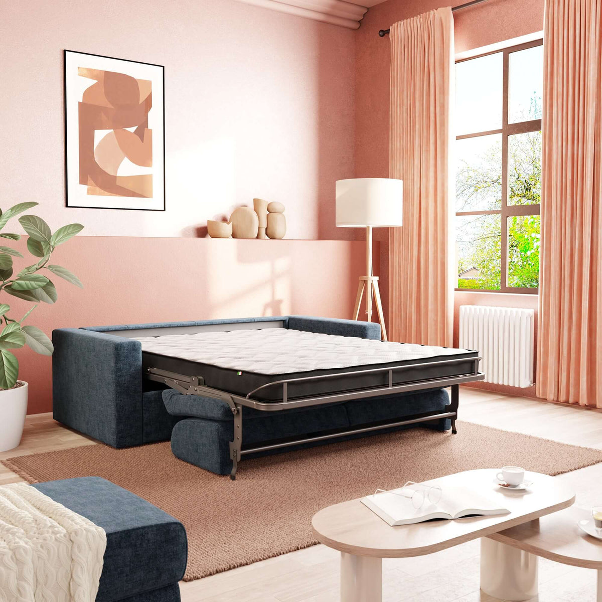 Diomede Divano letto matrimoniale in velluto easy clean sfoderabile - design moderno e comfort in T35 blu - divitt.sbs