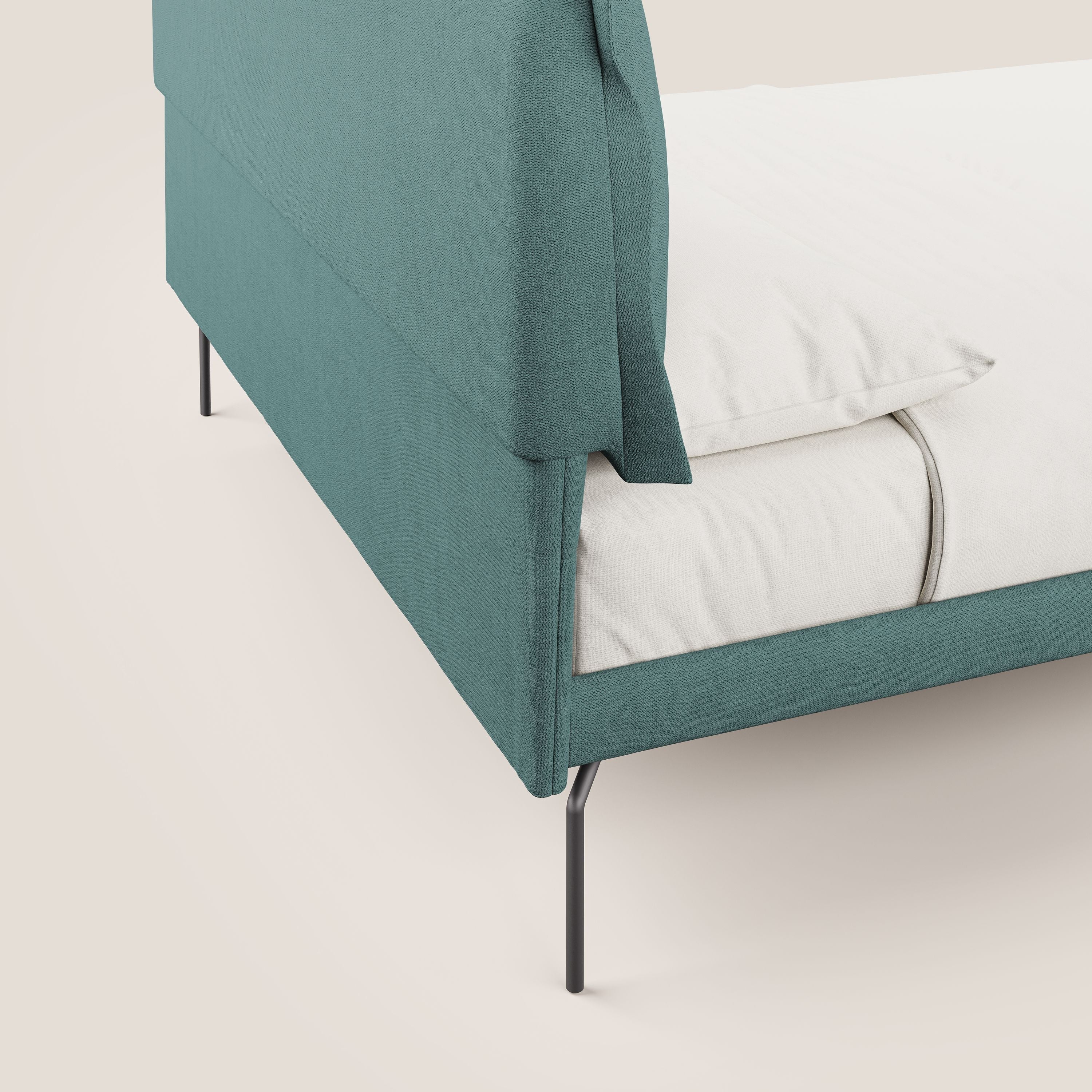 Bice letto imbottito con cuscini e piedi alti in metallo in tessuto impermeabile T02 petrolio - divitt.sbs