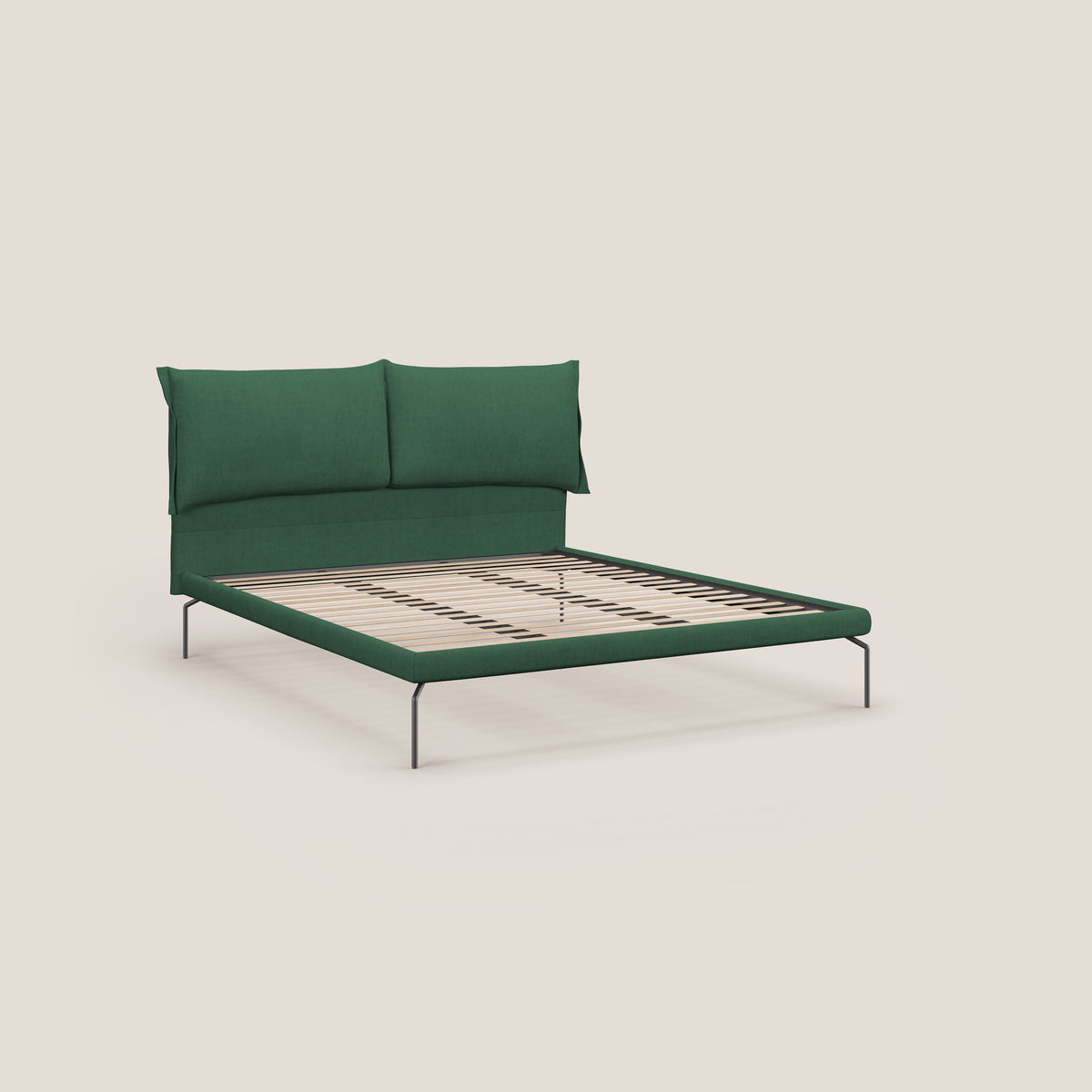 Bice letto imbottito con cuscini e piedi alti in metallo in tessuto impermeabile T02 verde - divitt.sbs