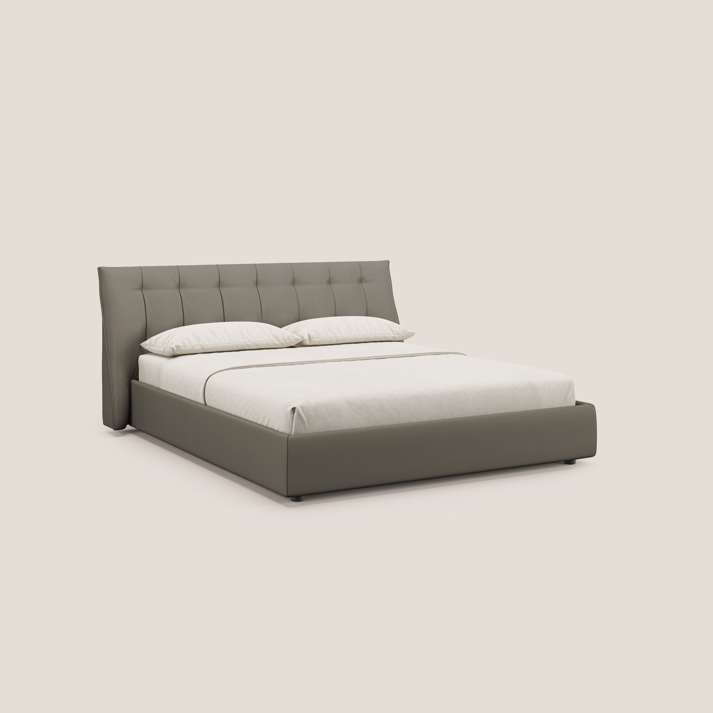 Clizia letto imbottito di design con vano contenitore in ecopelle impermeabile T04 talpa - divitt.sbs