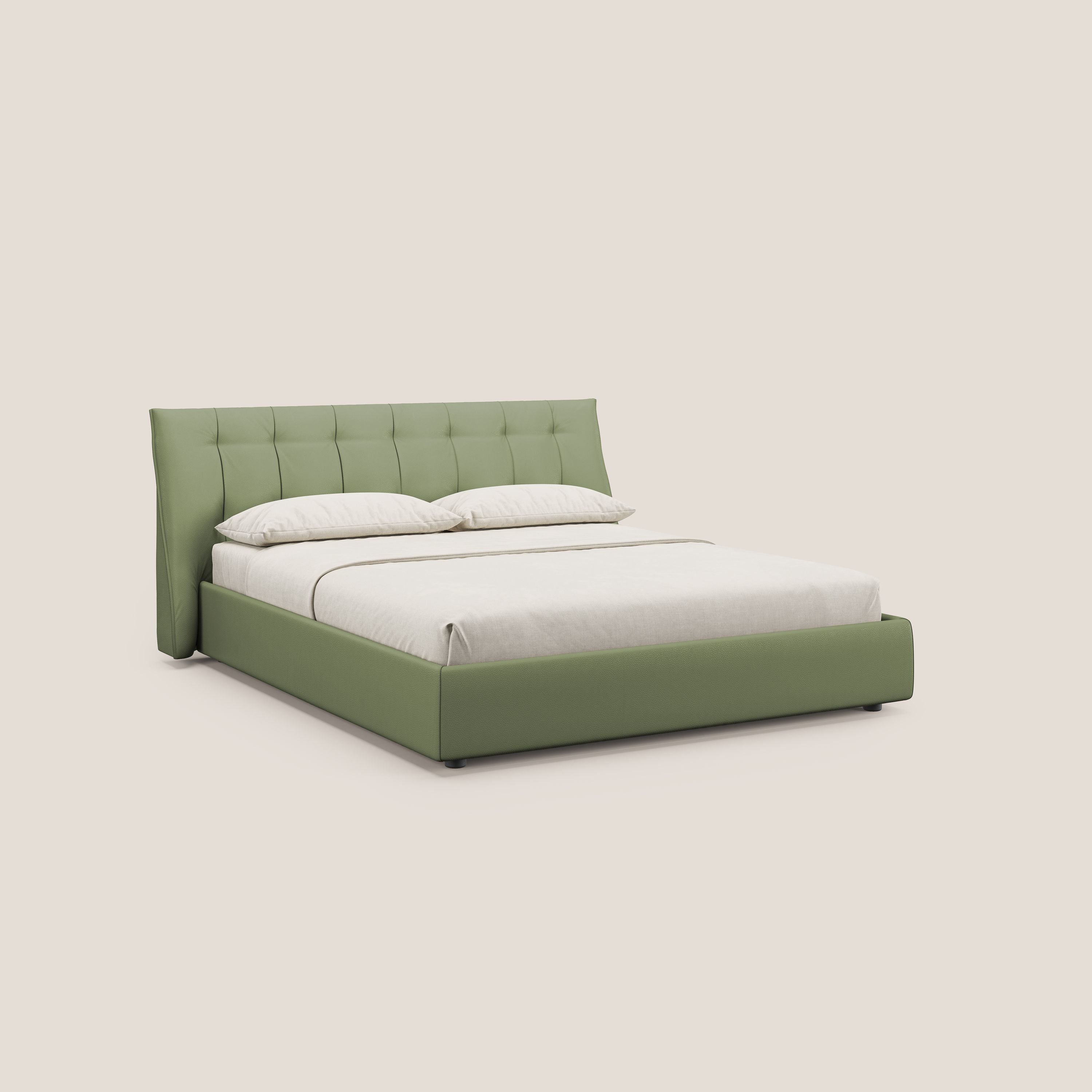 Clizia letto imbottito di design con vano contenitore in ecopelle impermeabile T04 verde - divitt.sbs