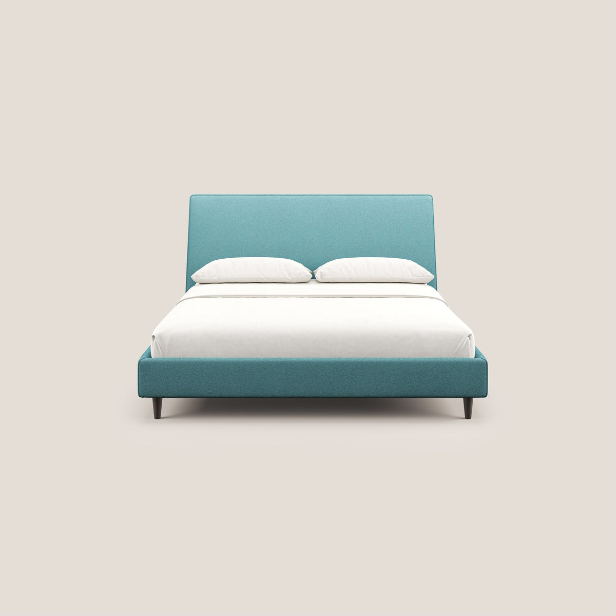 Dorotea letto imbottito con piedi in legno in morbido bouclé impermeabile T07 azzurro - divitt.sbs