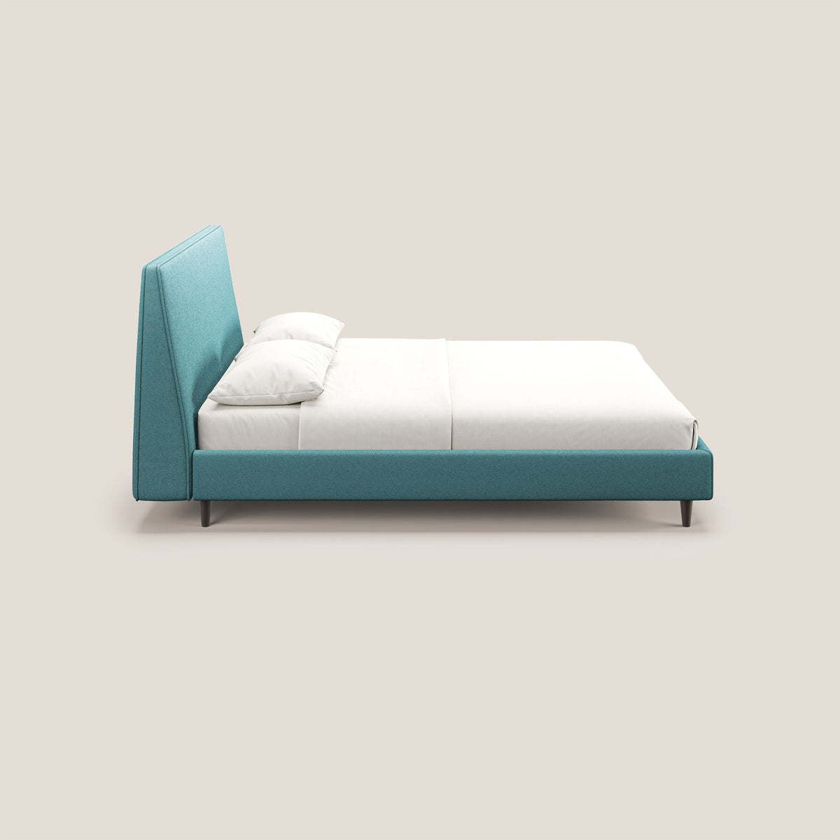 Dorotea letto imbottito con piedi in legno in morbido bouclé impermeabile T07 azzurro - divitt.sbs