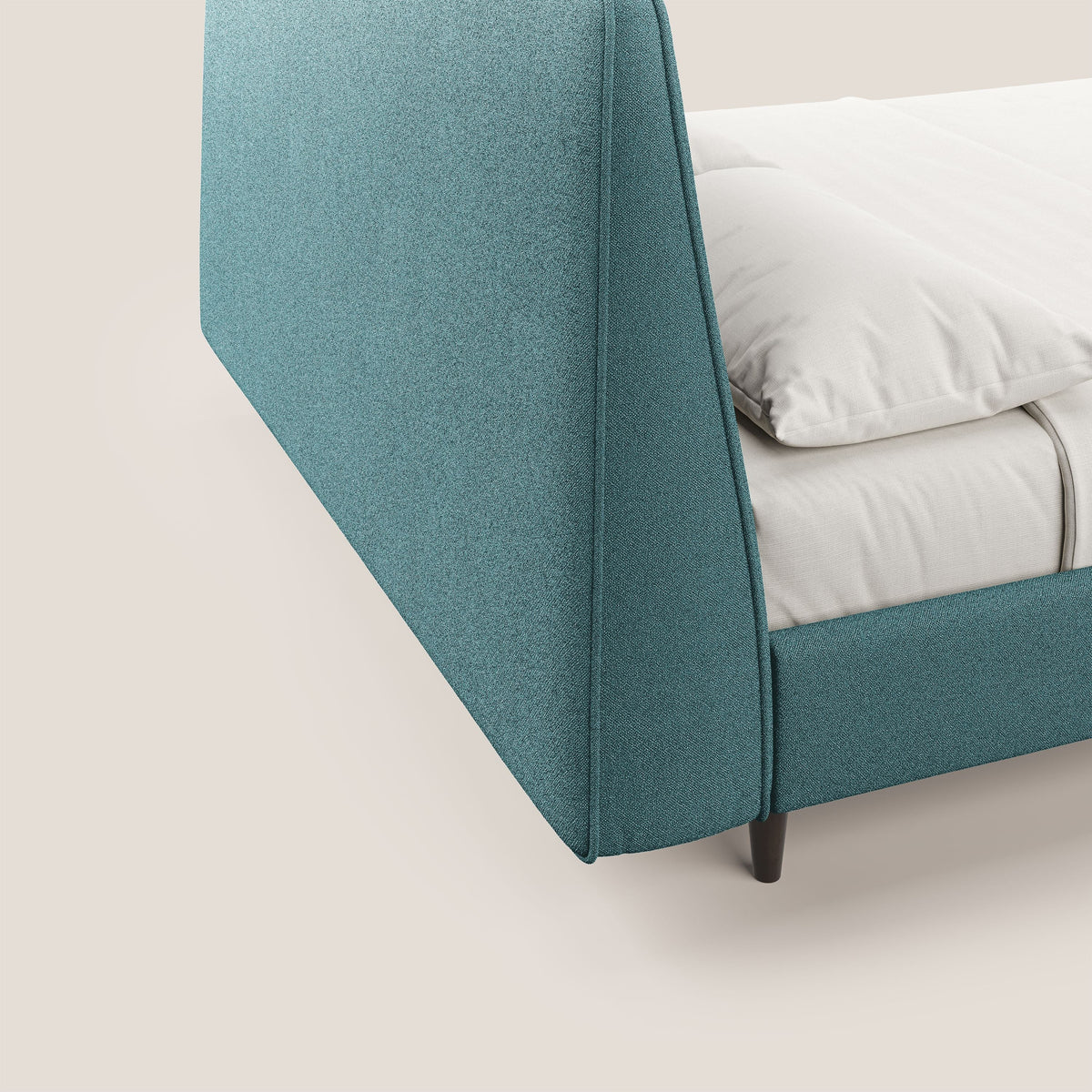 Dorotea letto imbottito con piedi in legno in morbido bouclé impermeabile T07 azzurro - divitt.sbs