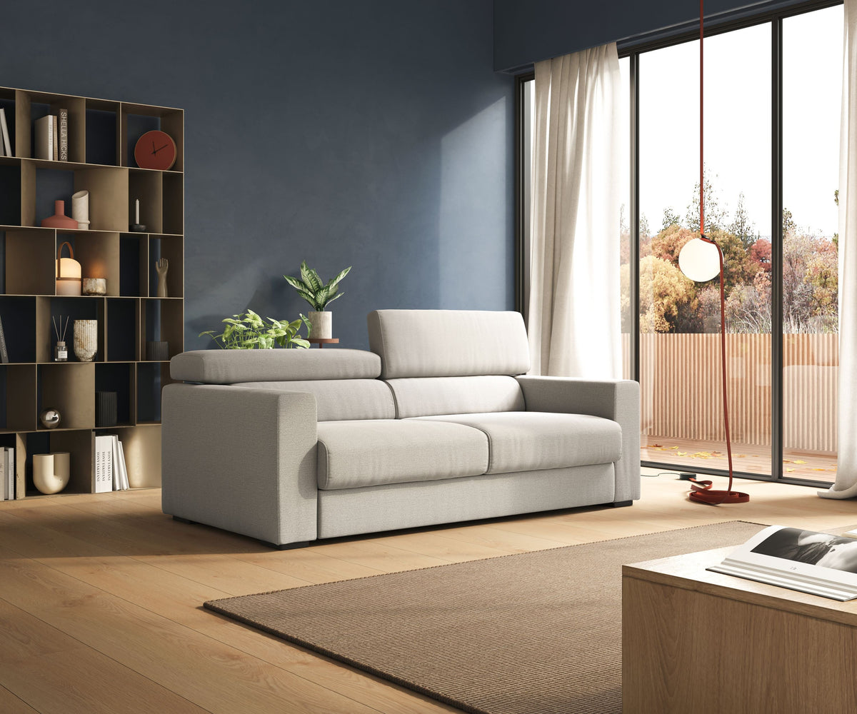 Dylan divano allungabile con pouf estraibile poggiapiedi in tessuto fiammato simil cotone impermeabile T19 beige - divitt.sbs