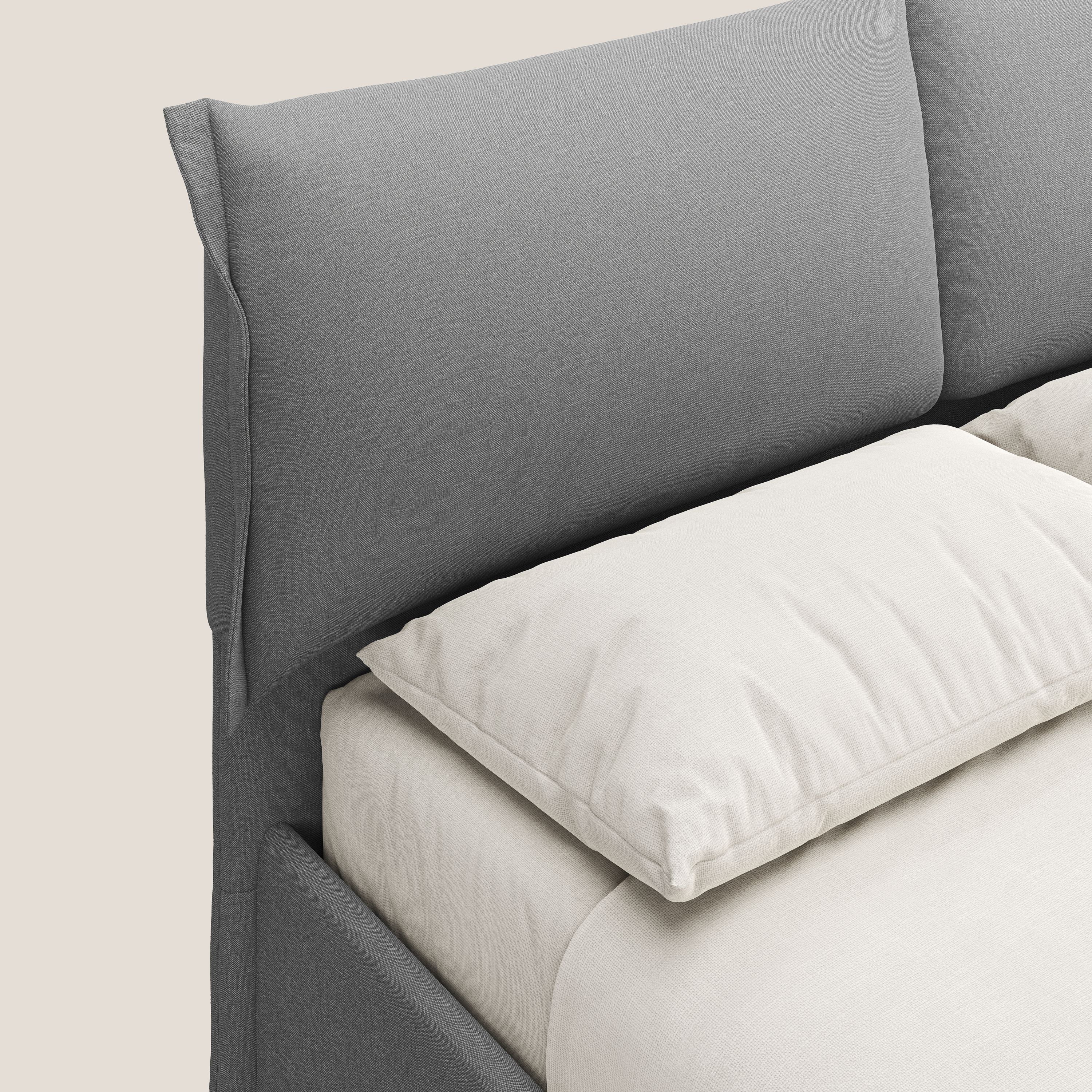 Elettra letto contenitore imbottito e sfoderabile con cuscini testata in tessuto impermeabile T13 grigio - divitt.sbs