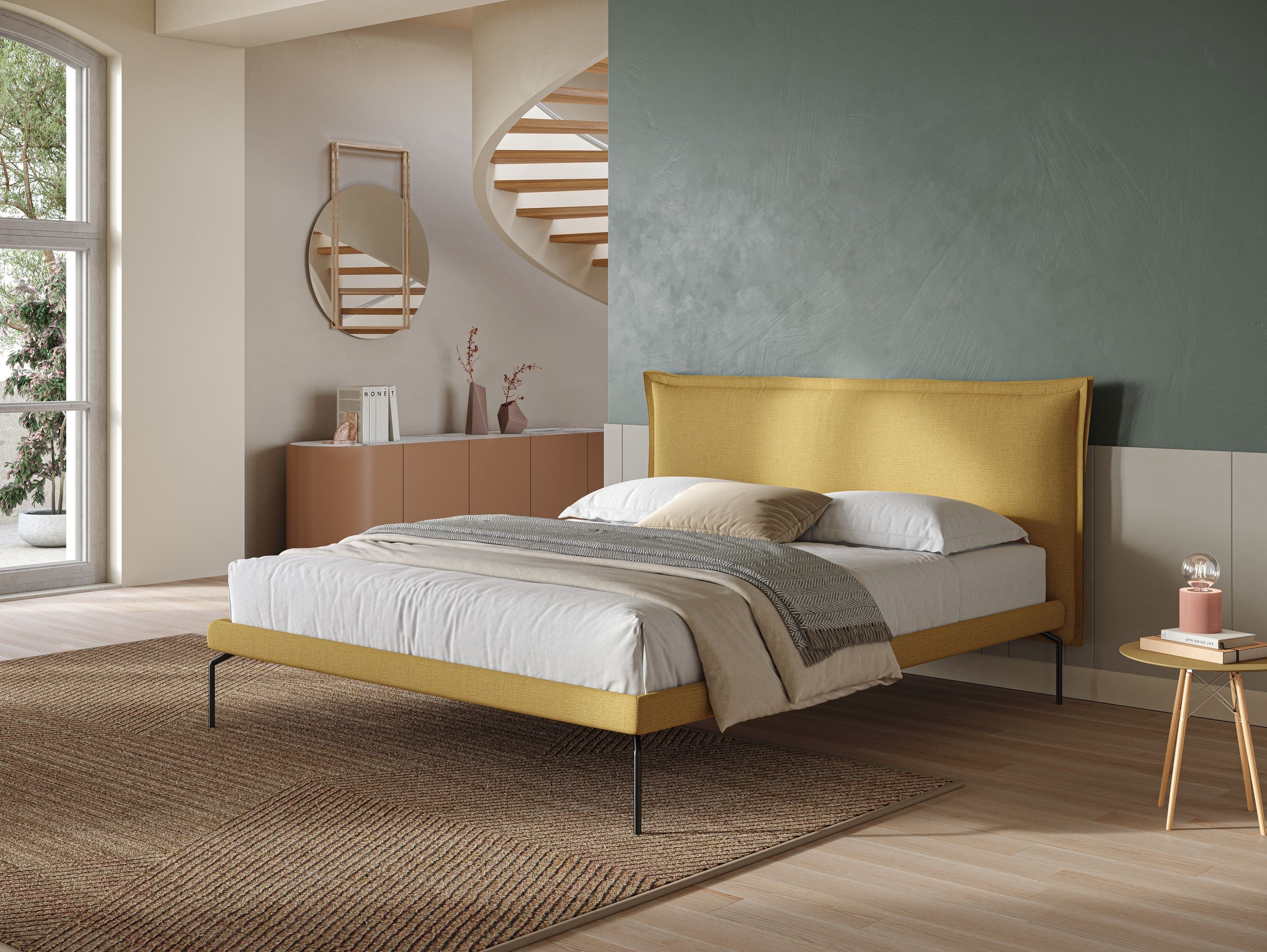 Eric letto imbottito design minimal in morbido tessuto impermeabile T14 giallo - divitt.sbs