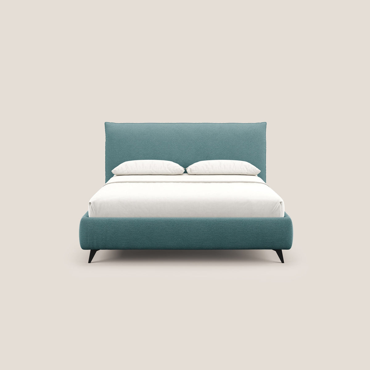 EROS letto imbottito in piuma con vano contenitore in pregiato e fresco bouclet smacchiabile T16 azzurro - divitt.sbs
