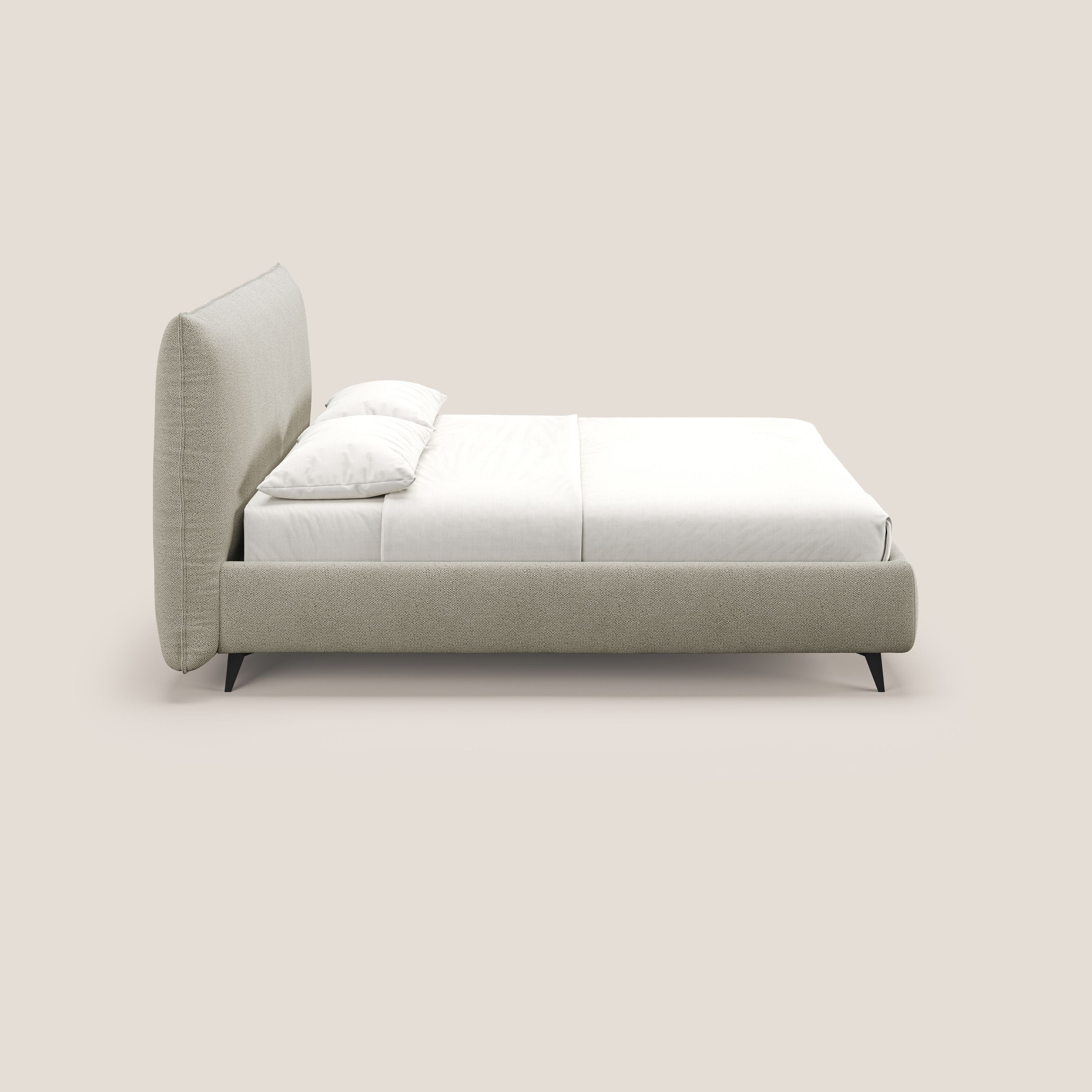 EROS letto imbottito in piuma con vano contenitore in pregiato e fresco bouclet smacchiabile T16 beige - divitt.sbs