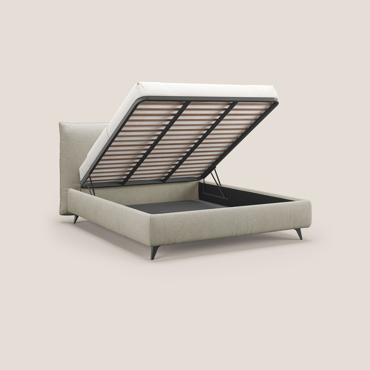 EROS letto imbottito in piuma con vano contenitore in pregiato e fresco bouclet smacchiabile T16 beige - divitt.sbs