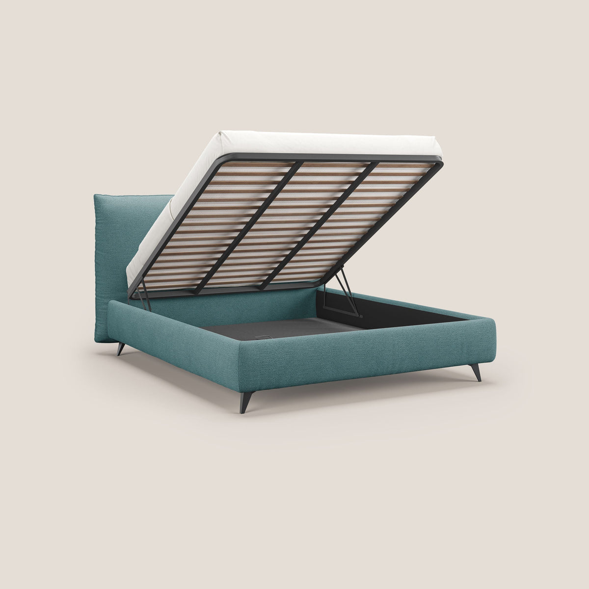 EROS letto imbottito in piuma con vano contenitore in pregiato e fresco bouclet smacchiabile T16 azzurro - divitt.sbs