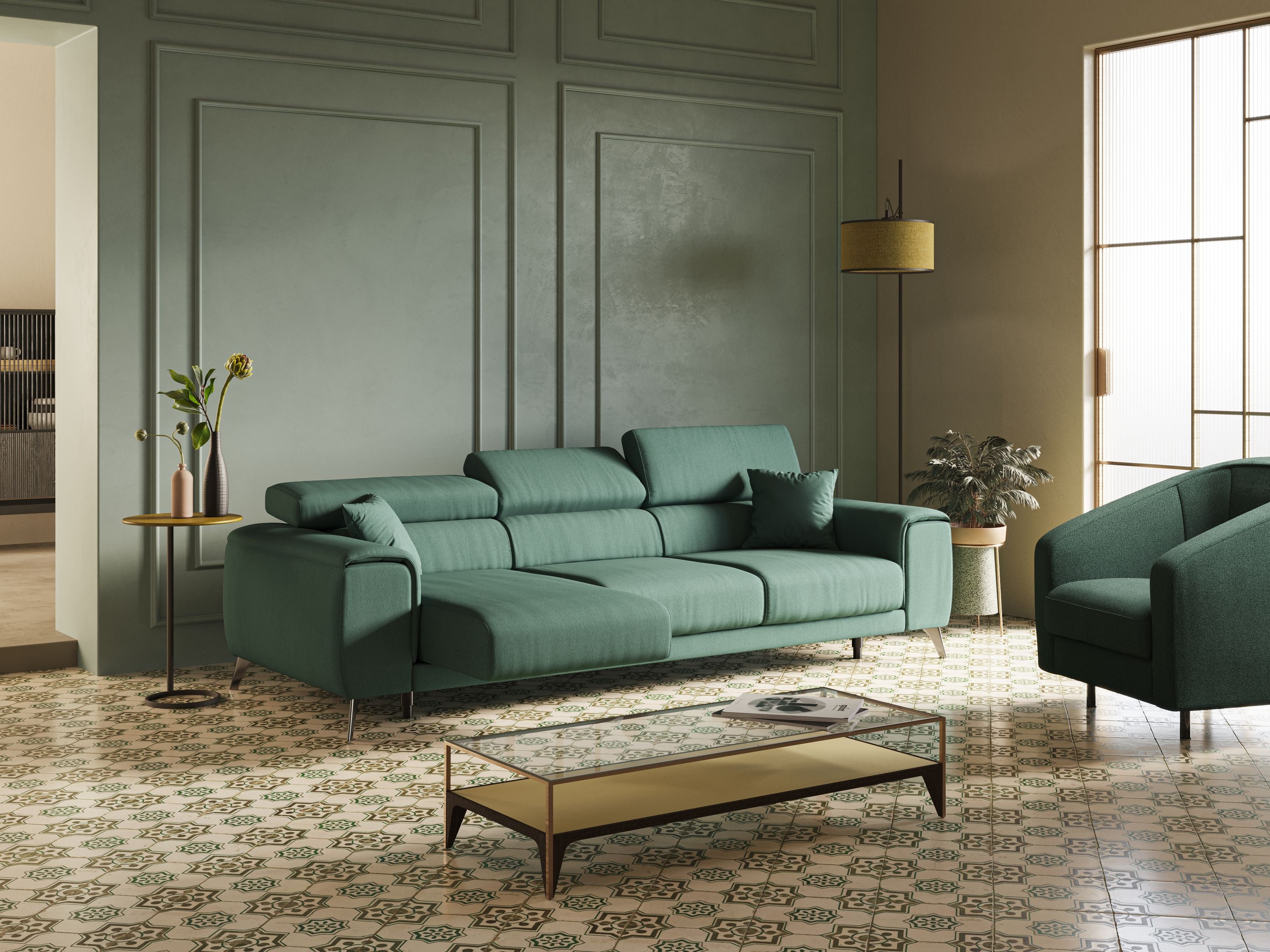 Fusion divano con 3 sedute allungabili in tessuto smacchiabile T05 verde - divitt.sbs