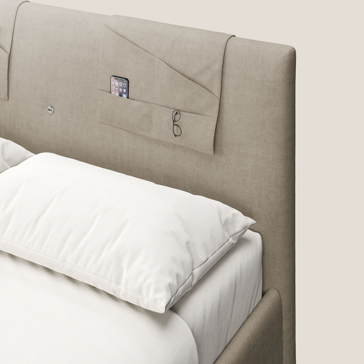 Horus letto imbottito contenitore e presa USB sulla testata in tessuto impermeabile T02 beige - divitt.sbs