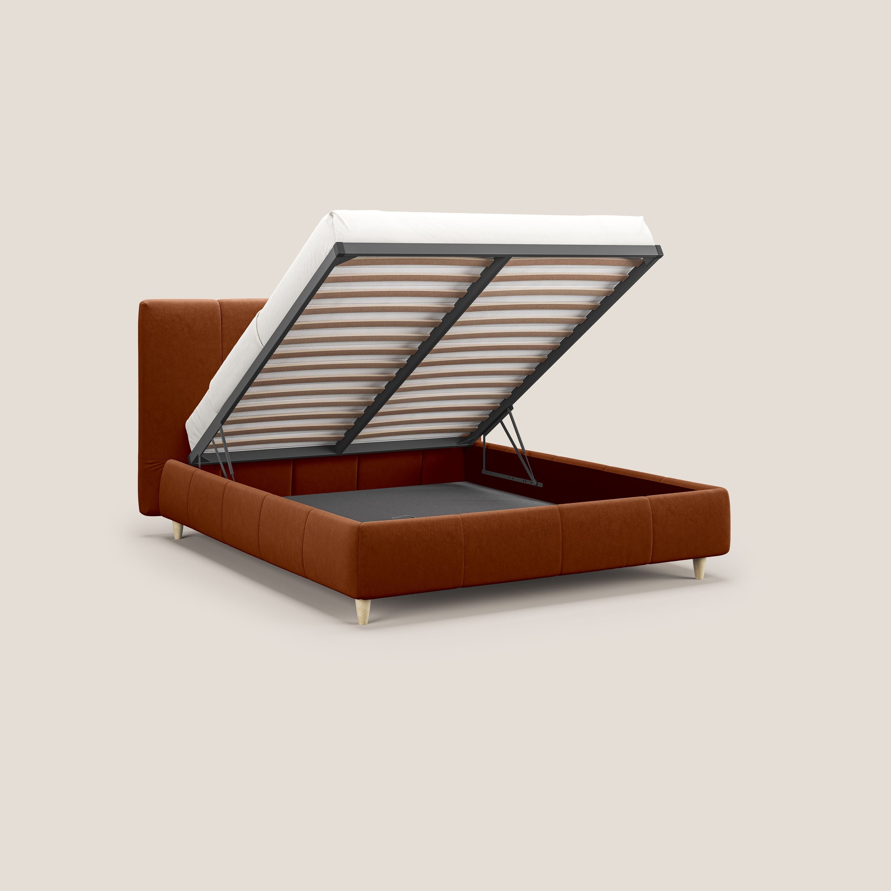 Laura letto imbottito contenitore e sfoderabile in microfibra velluto impermeabile T09 ruggine - divitt.sbs