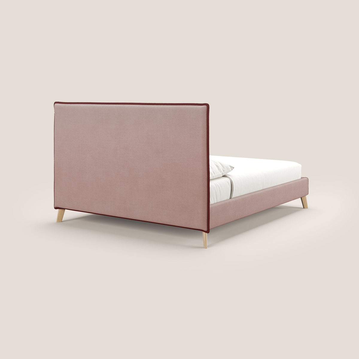 Leila letto imbottito con piedini legno in tessuto smacchiabile T17 rosa - rosso - divitt.sbs