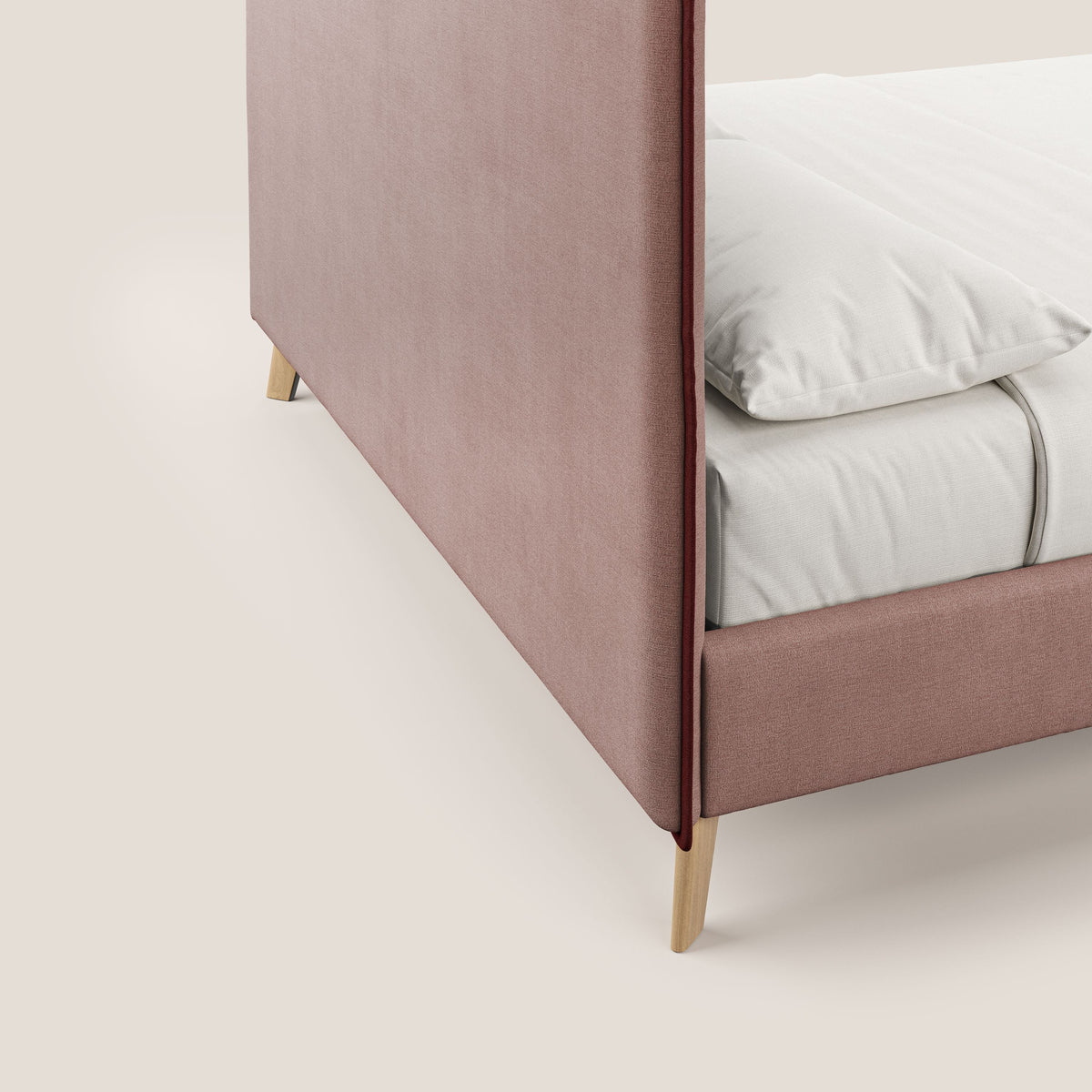 Leila letto imbottito con piedini legno in tessuto smacchiabile T17 rosa - rosso - divitt.sbs