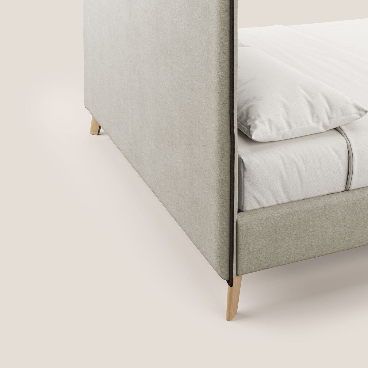 Leila letto imbottito con piedini legno in tessuto smacchiabile T17 panna - marrone - divitt.sbs
