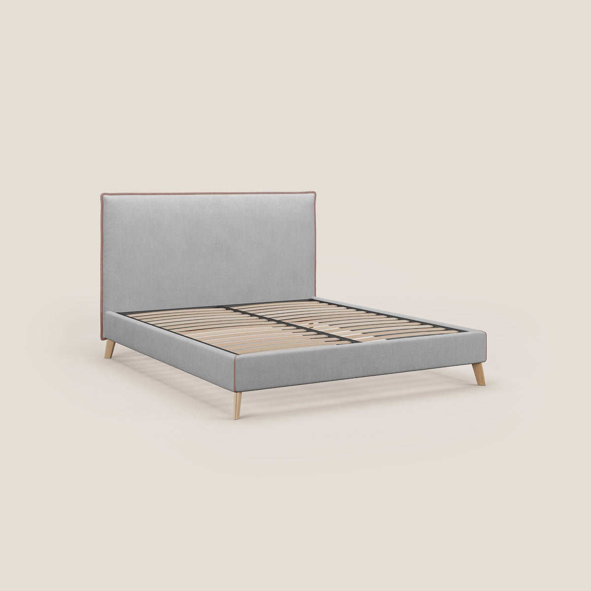 Leila letto imbottito con piedini legno in tessuto smacchiabile T17 grigio - rosa - divitt.sbs