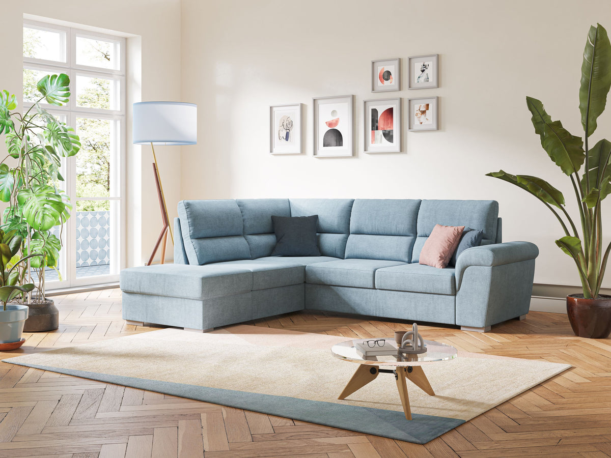Minerva divano angolare con estraibile a cassettone e pouf contenitore in tessuto morbido impermeabile T02 - divitt.sbs