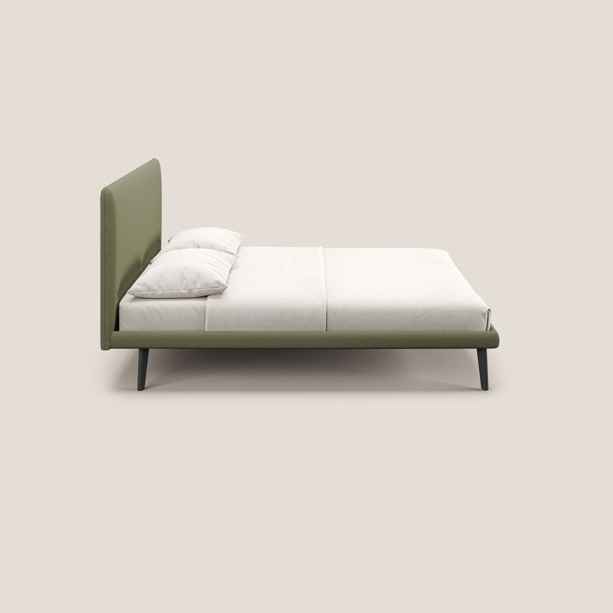 Noel letto minimal scandinavo con piedi in mogano e tessuto fiammato impermeabile T19 verde - divitt.sbs