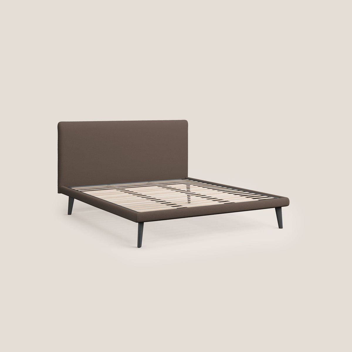 Noel letto minimal scandinavo con piedi in mogano e tessuto fiammato impermeabile T19 marrone - divitt.sbs