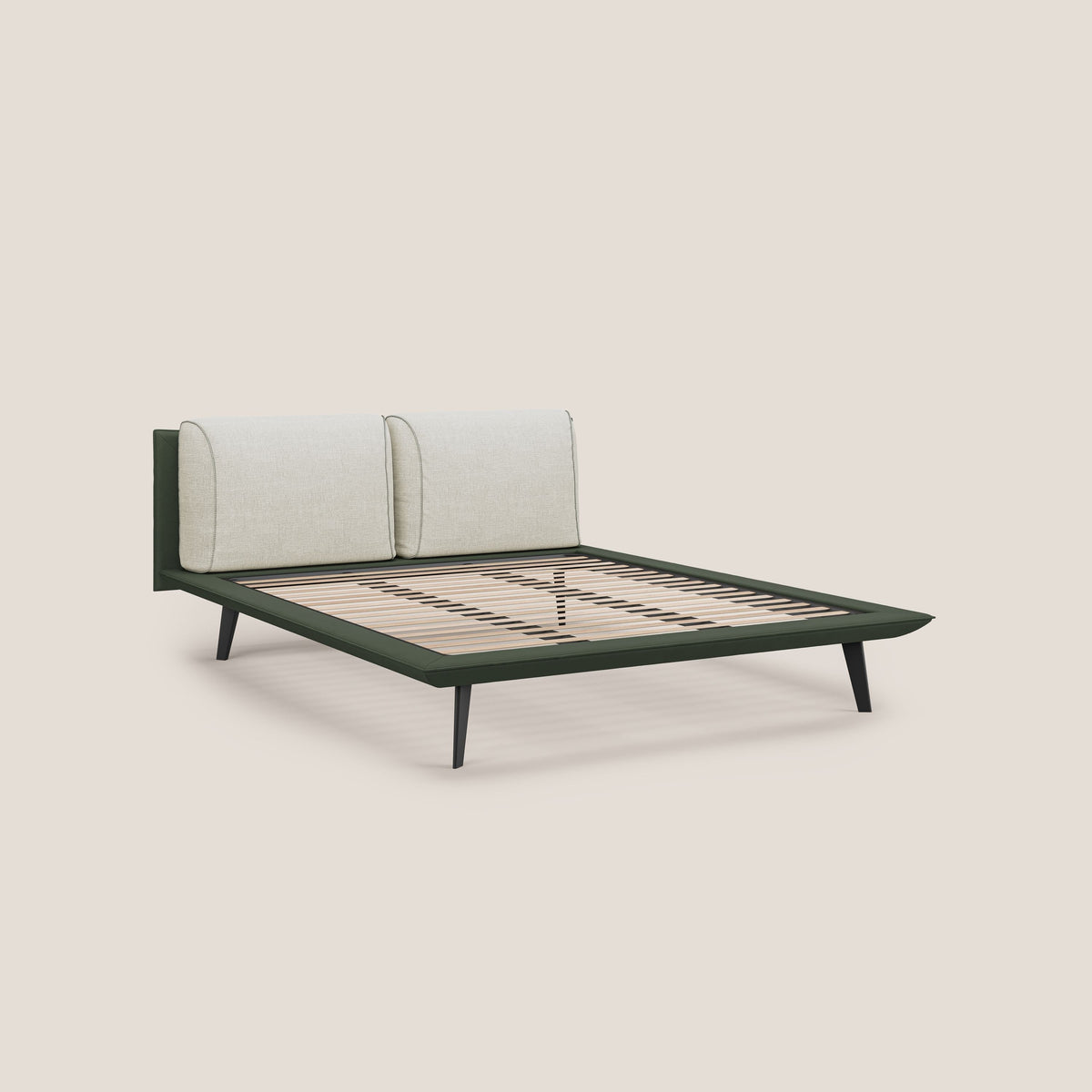 Petra letto di design bicolore con cuscini in piuma, piedini in mogano e tessuto impermeabile bicolore T11 e T06 verde - panna - divitt.sbs