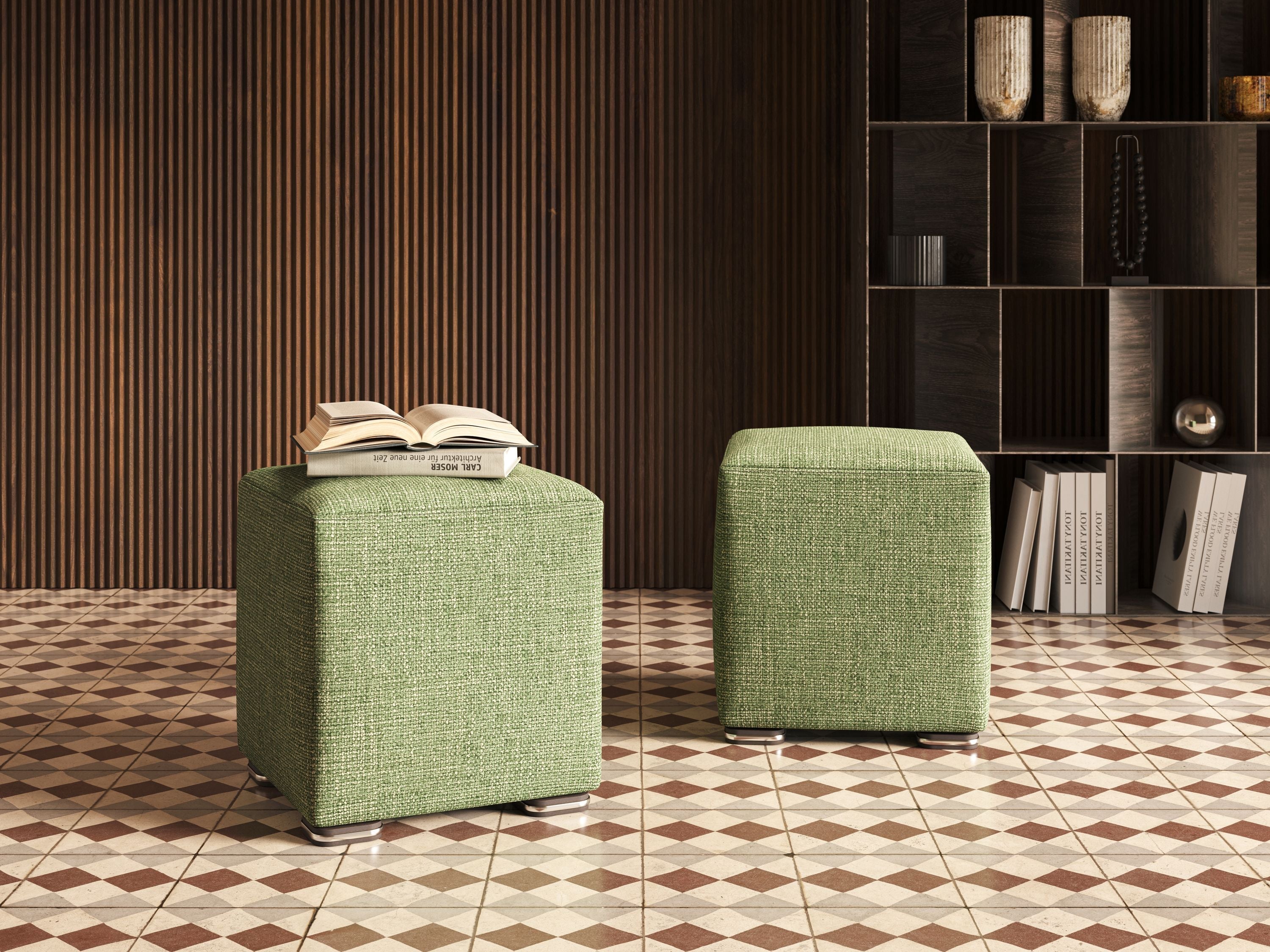 Cube pouf in morbido tessuto impermeabile ad intreccio melangiato T06 verde - divitt.sbs