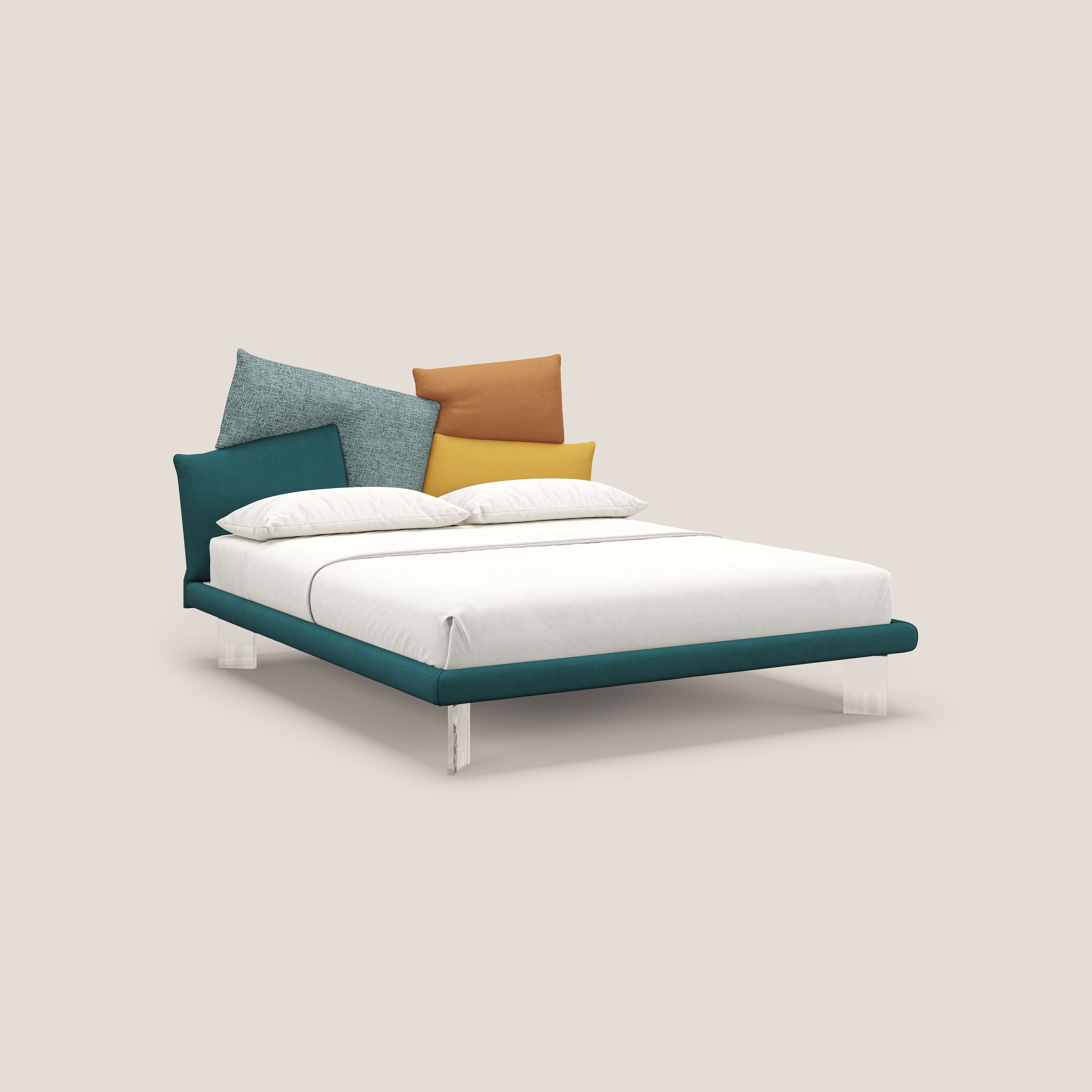 Rebus letto imbottito dal design moderno con piedi trasparenti in plexiglass petrolio - divitt.sbs