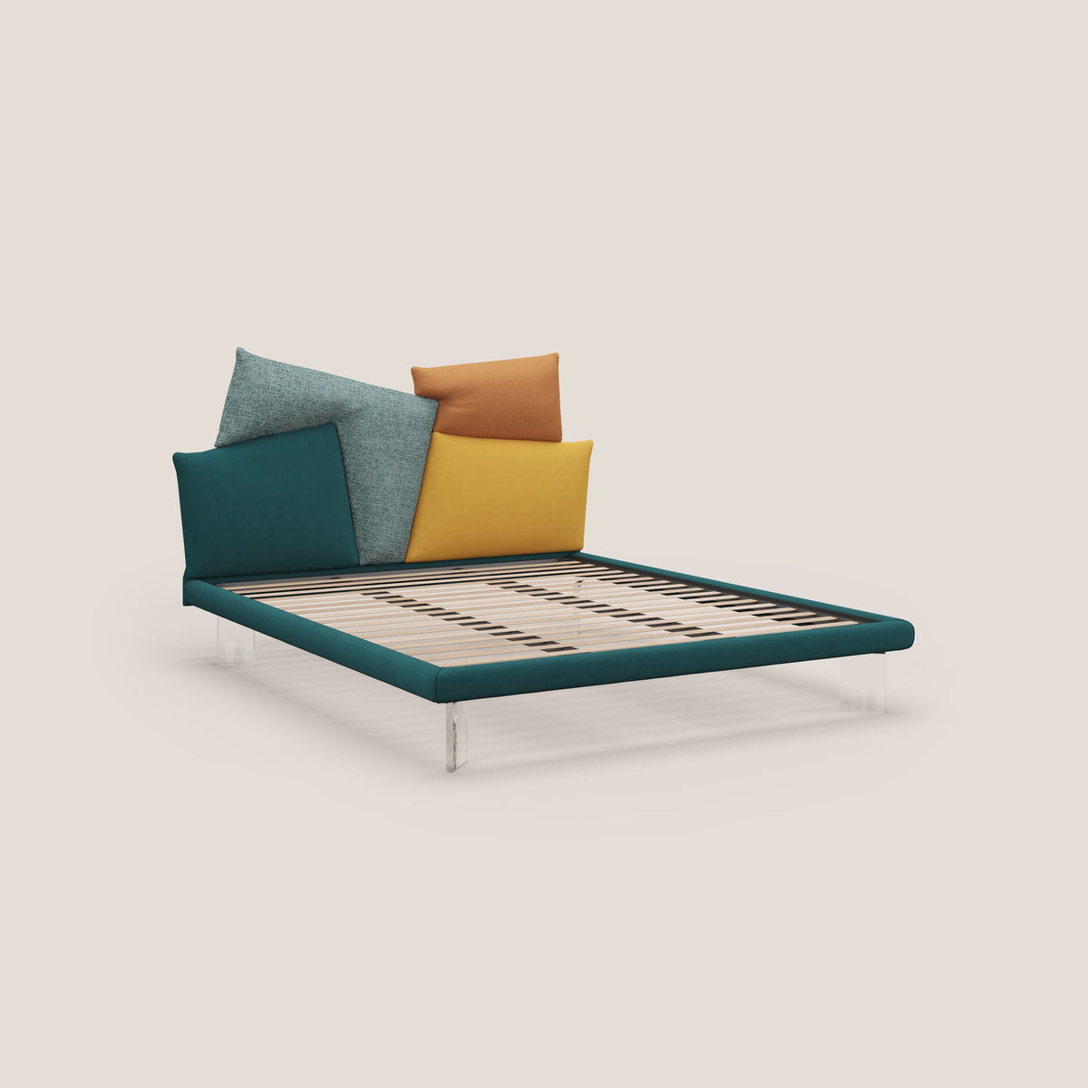 Rebus letto imbottito dal design moderno con piedi trasparenti in plexiglass petrolio - divitt.sbs