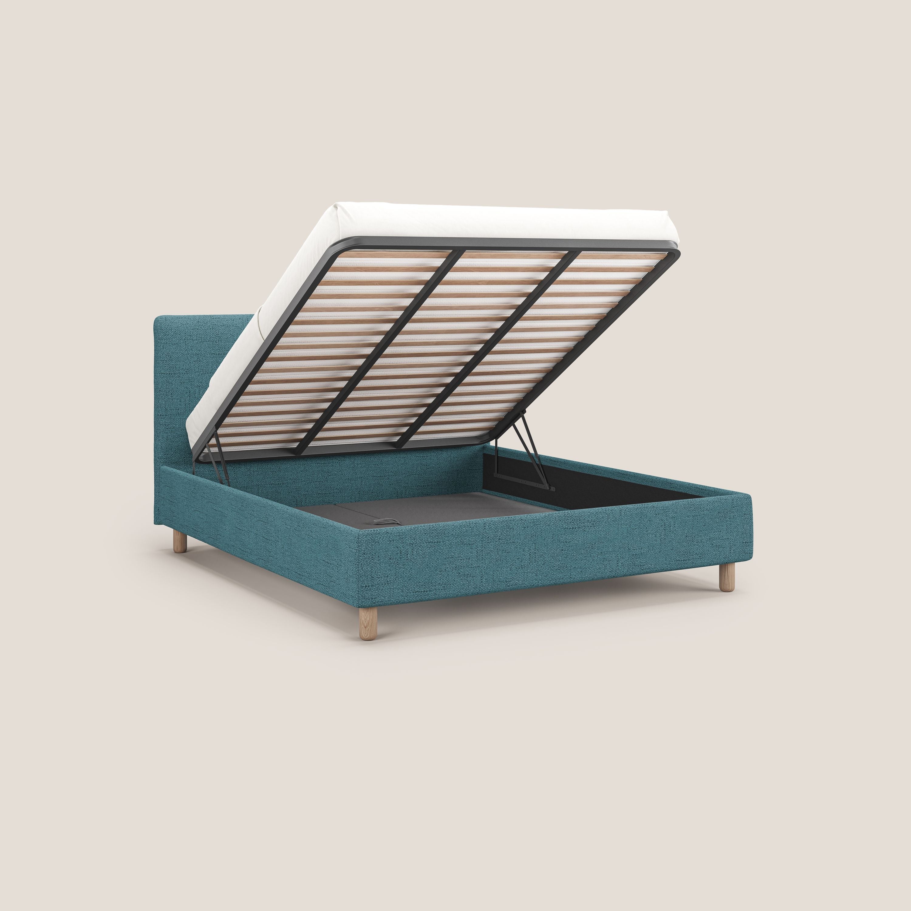 Serena letto contenitore salvaspazio scandinavo in tessuto fiammato impermeabile T03 azzurro - divitt.sbs