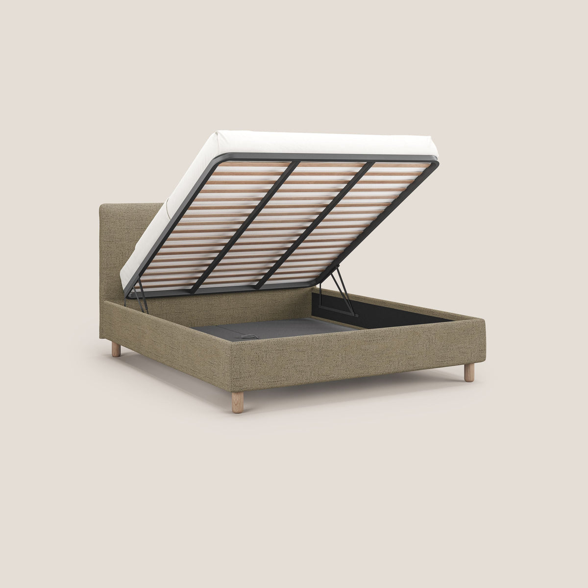 Serena letto contenitore salvaspazio scandinavo in tessuto fiammato impermeabile T03 beige - divitt.sbs