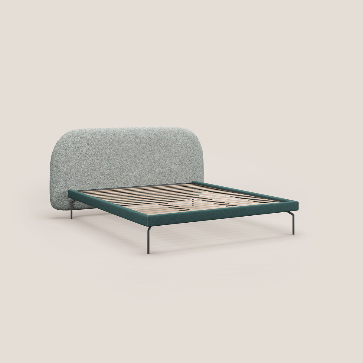 Soleil letto imbottito di design con piedi alti in metallo in bouclet smacchiabile T12 verde - divitt.sbs