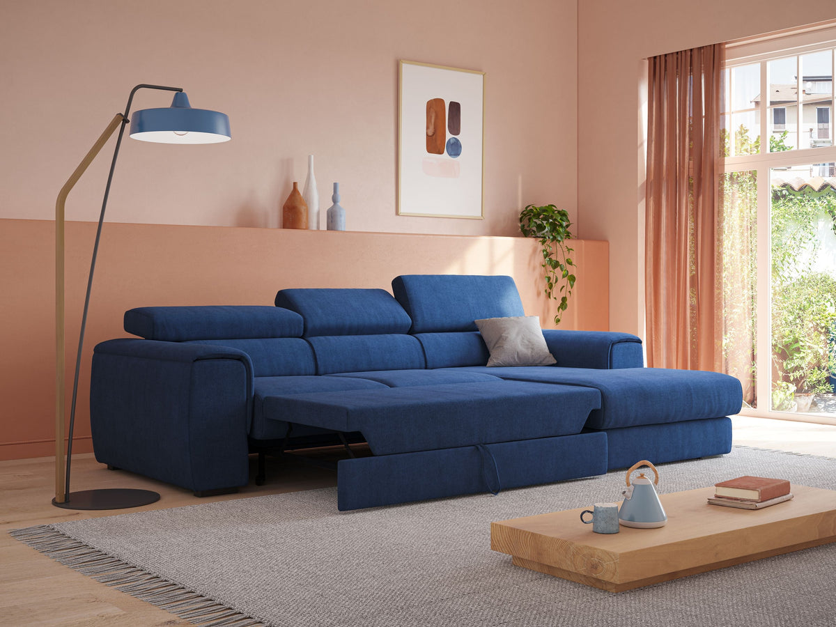 Zeno Divano angolare con pouf estraibile poggiapiedi in tessuto morbido impermeabile T02 blu - divitt.sbs